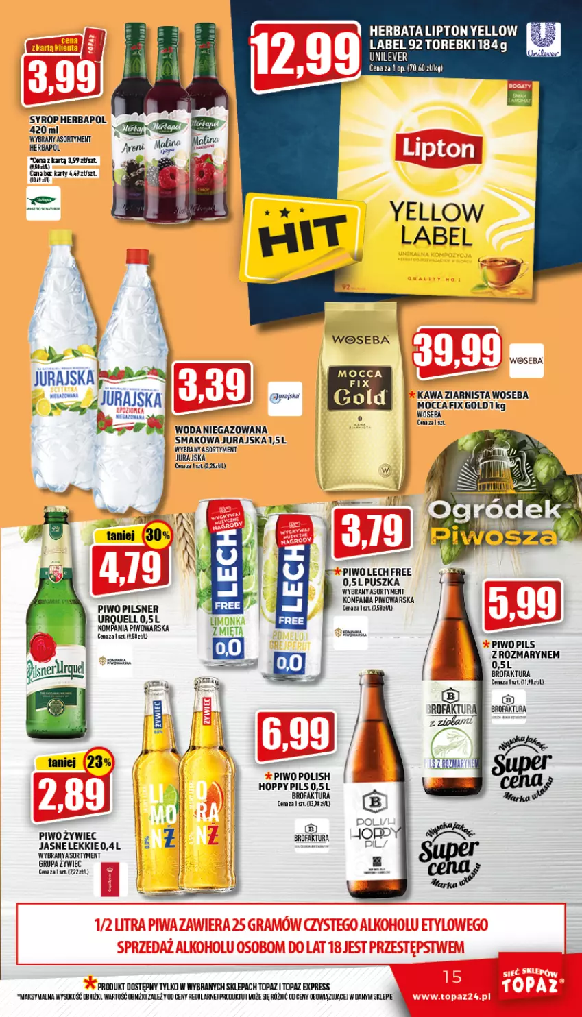 Gazetka promocyjna Topaz - Gazetka - ważna 14.07 do 20.07.2022 - strona 15 - produkty: Fa, Herbapol, Herbata, Limonka, Lipton, Pilsner Urquell, Piwo, Sok, Syrop, Top, Warka, Woda, Woda niegazowana, Woseba