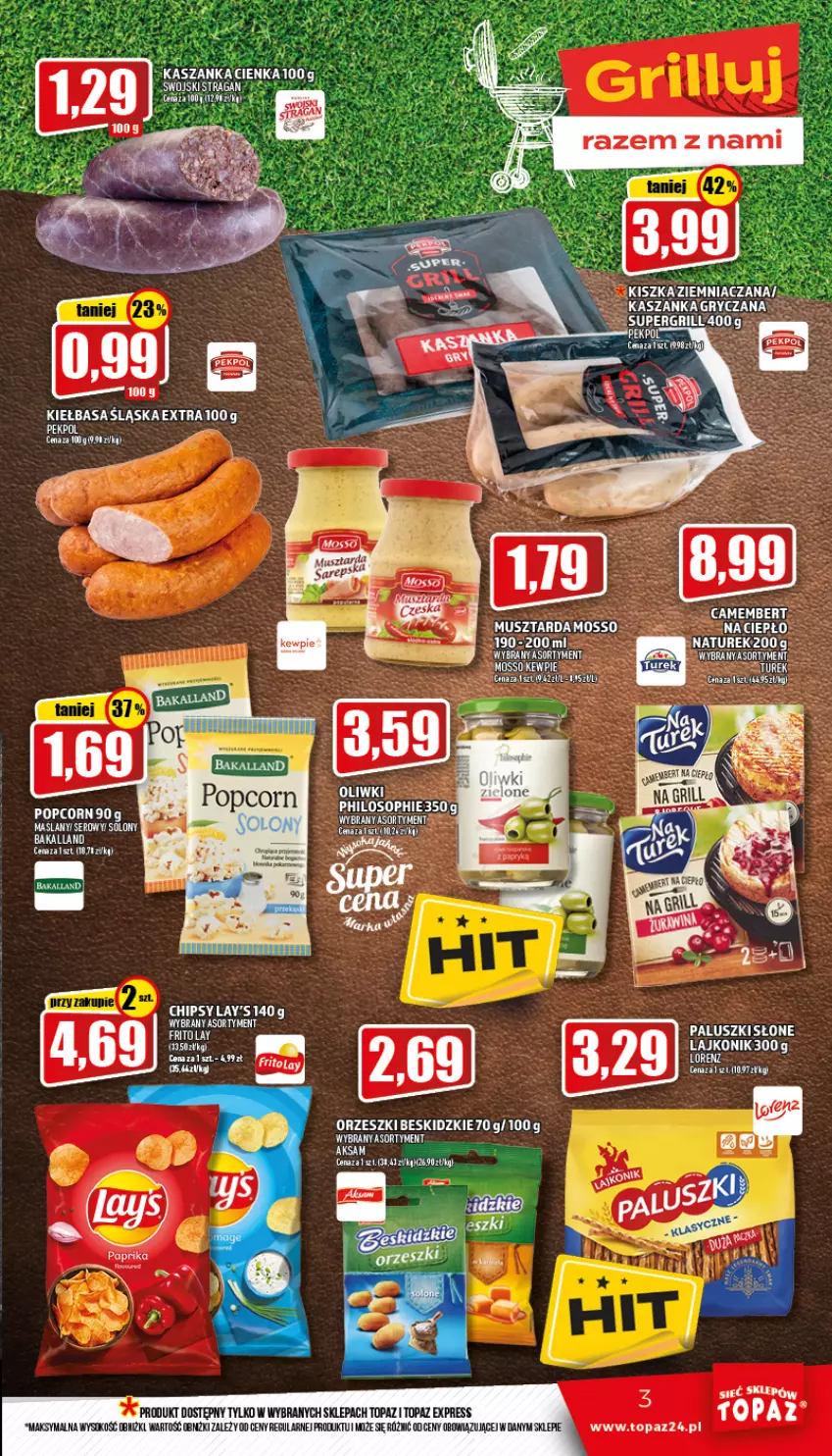 Gazetka promocyjna Topaz - Gazetka - ważna 14.07 do 20.07.2022 - strona 3 - produkty: Beskidzki, Camembert, Chipsy, Gry, K2, Kasza, Kaszanka, Lajkonik, Mus, Musztarda, NaTurek, Oliwki, Orka, Orzeszki, Pekpol, Sok, Top