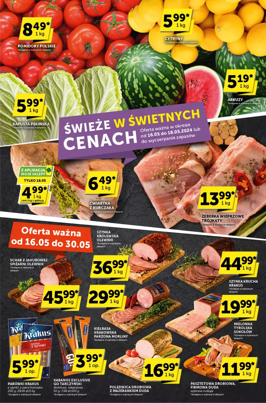 Gazetka promocyjna ABC - ważna 16.05 do 30.05.2024 - strona 3 - produkty: Cytryny, Duda, Kabanos, Kiełbasa, Krakus, Kurczak, Morliny, Olewnik, Pasztet, Polędwica, Pomidory, Sok, Sokołów, Szynka