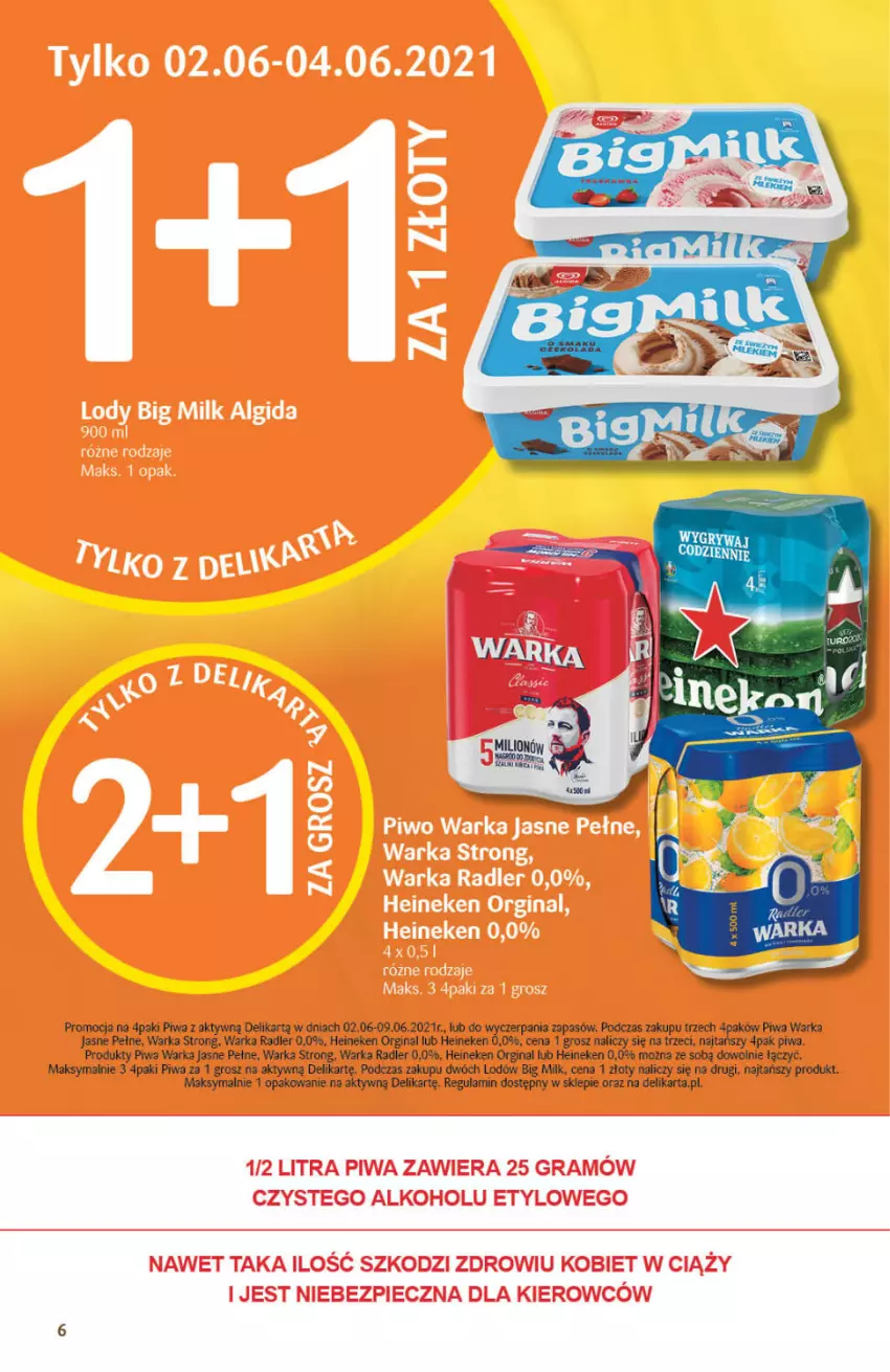 Gazetka promocyjna Delikatesy Centrum - Gazetka Delikatesy Centrum - ważna 02.06 do 09.06.2021 - strona 6 - produkty: Big Milk, Gin, Heineken, Piwa, Radler, Warka