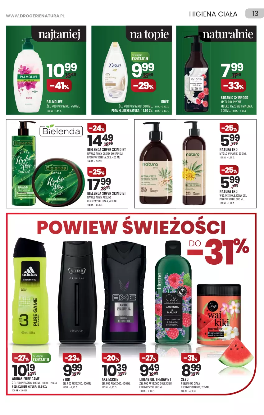 Gazetka promocyjna Drogerie Natura - Gazetka Drogerie Natura - ważna 23.09 do 06.10.2021 - strona 13 - produkty: Adidas, Bielenda, Dove, Lirene, Mleko, Mydło, Mydło w płynie, Olej, Palmolive, Peeling, Pur, Ryż, SKINFOOD, Str8, Top