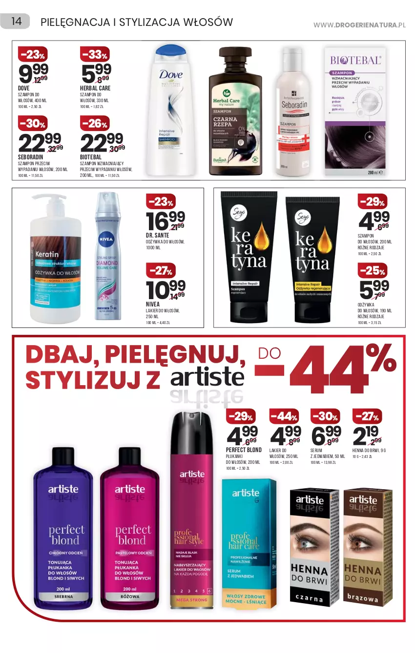 Gazetka promocyjna Drogerie Natura - Gazetka Drogerie Natura - ważna 23.09 do 06.10.2021 - strona 14 - produkty: BIOTEBAL, Dove, Lakier, Lakier do włosów, Nivea, Odżywka, Rum, Sante, Seboradin, Ser, Serum, Szampon