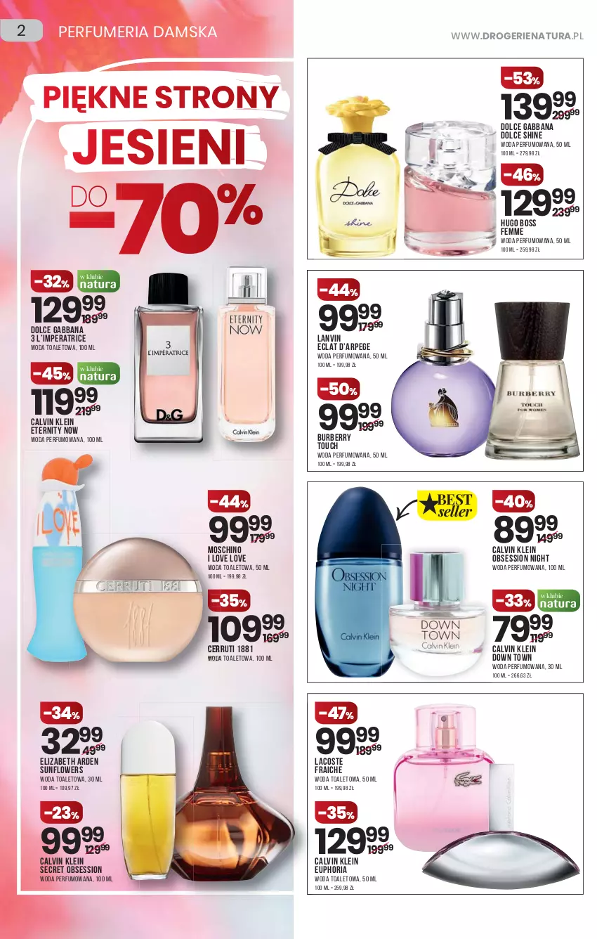 Gazetka promocyjna Drogerie Natura - Gazetka Drogerie Natura - ważna 23.09 do 06.10.2021 - strona 2 - produkty: Burberry, Calvin Klein, Cerruti, Eclat, Elizabeth Arden, Hugo Boss, Lacoste, Lanvin, Moschino, Perfum, SESSIO, Woda, Woda perfumowana, Woda toaletowa