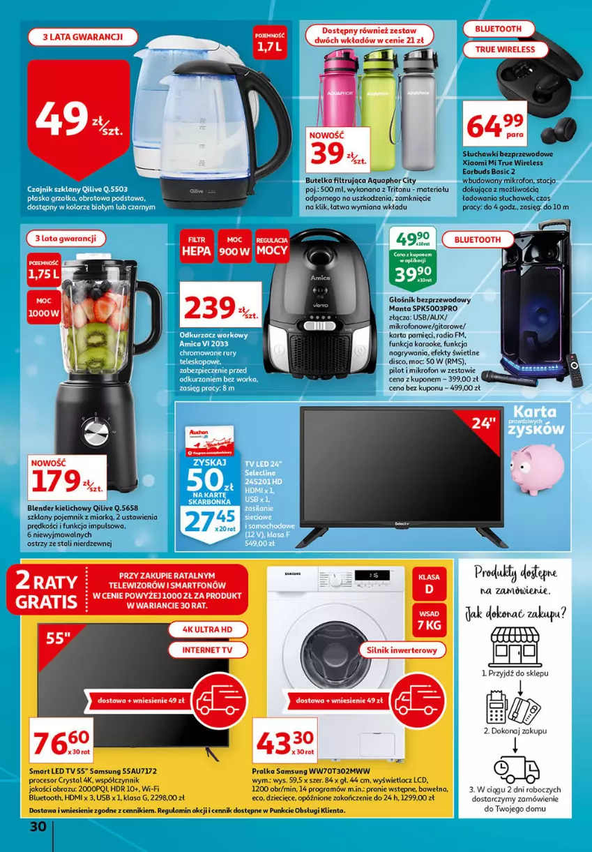 Gazetka promocyjna Auchan - Sezon na radość Hipermarkety - ważna 20.05 do 26.05.2021 - strona 30 - produkty: Aquaphor, Blender, Dzieci, Głośnik, Gra, Gry, Karta pamięci, LED TV, Manta, Mikrofon, Mysz, Obraz, Pojemnik, Por, Pralka, Procesor, Samsung, Słuchawki, Słuchawki bezprzewodowe, Smartfon, Telewizor, Wełna