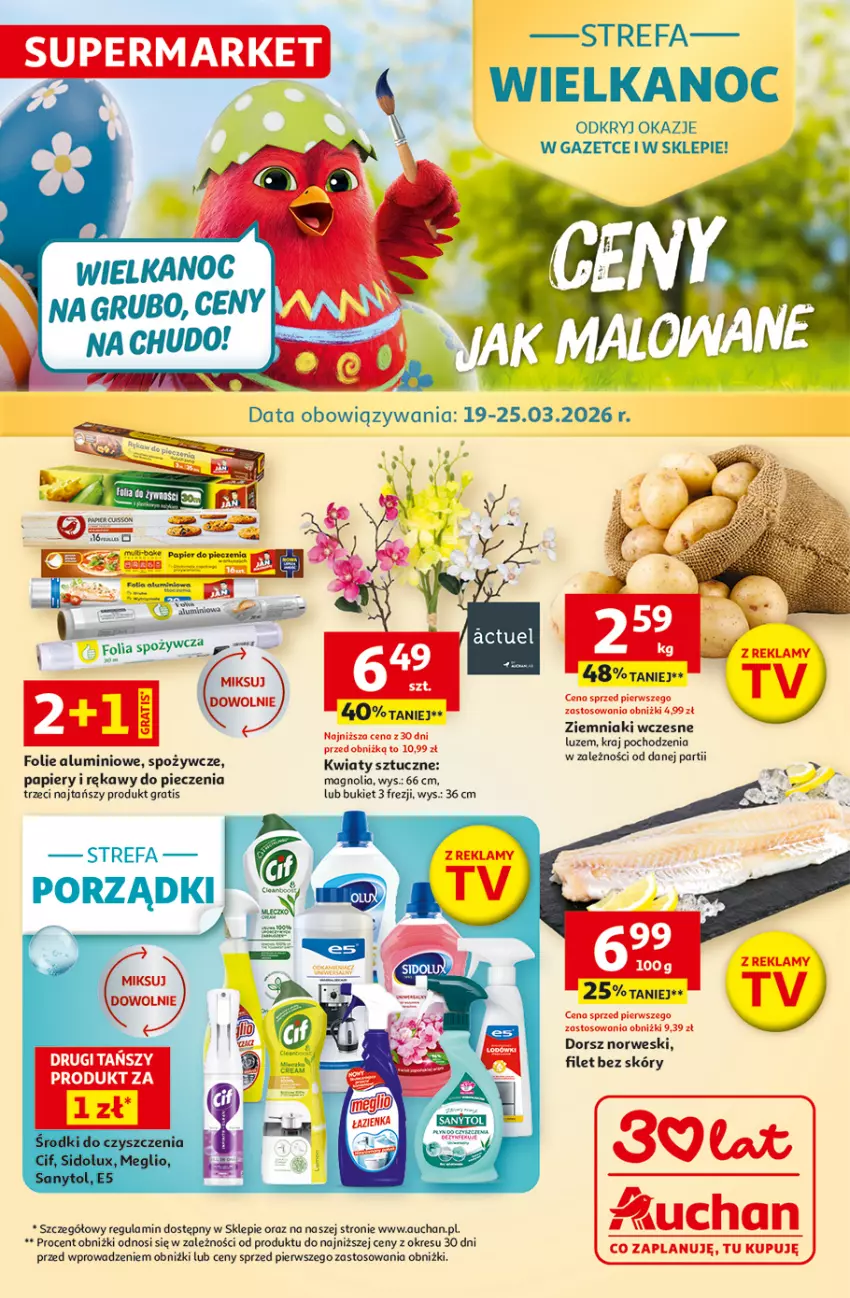 Gazetka promocyjna Auchan - Gazetka 30 Lat Supermarket Auchan - ważna 19.03 do 25.03.2026 - strona 1 - produkty: Bukiet, Dorsz, Fa, Gra, Papier, Piec, Por, Ziemniaki