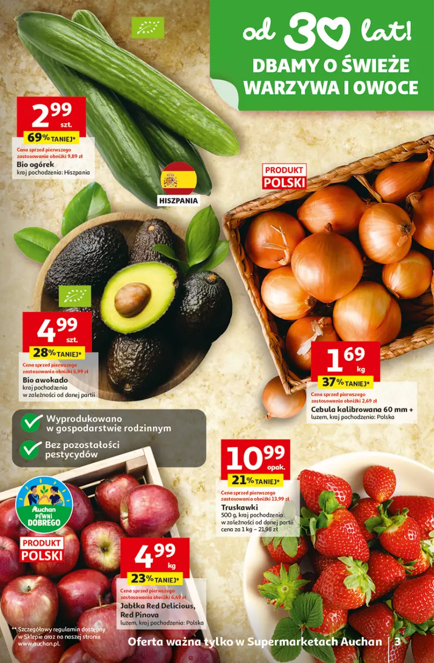 Gazetka promocyjna Auchan - Gazetka 30 Lat Supermarket Auchan - ważna 19.03 do 25.03.2026 - strona 3 - produkty: Cebula, Fa, Jabłka, Ogórek, Owoce, Truskawki, Warzywa, Warzywa i owoce