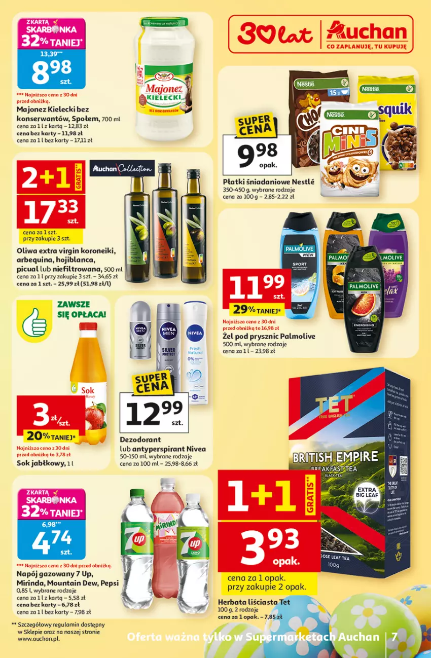 Gazetka promocyjna Auchan - Gazetka 30 Lat Supermarket Auchan - ważna 19.03 do 25.03.2026 - strona 7 - produkty: Antyperspirant, Danio, Dezodorant, Gin, Herbata, Majonez, Mirinda, Napój, Napój gazowany, Nivea, Palmolive, Pepsi, Ser, Sok, Sok jabłkowy