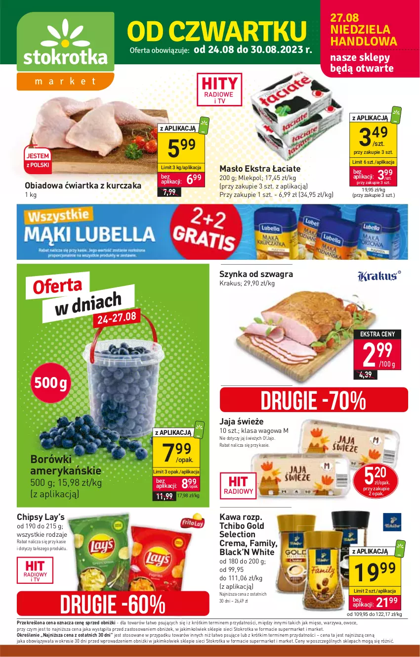 Gazetka promocyjna Stokrotka - Market - ważna 24.08 do 30.08.2023 - strona 1 - produkty: Chipsy, Fa, Gra, Jaja, Kawa, Krakus, Kurczak, Lack, Lay’s, Masło, Mięso, Owoce, Szynka, Tchibo, Warzywa