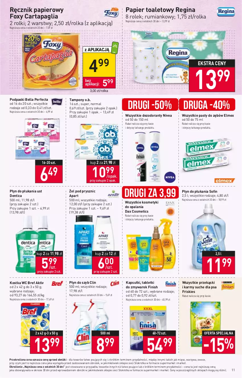 Gazetka promocyjna Stokrotka - Market - ważna 24.08 do 30.08.2023 - strona 14 - produkty: Bell, Bella, Bref, Clin, DAX, Dezodorant, Elmex, Finish, Foxy, Friskies, Gin, Mięso, Nivea, O.B., Owoce, Papier, Papier toaletowy, Perfecta, Płyn do płukania, Płyn do szyb, Podpaski, Ręcznik, Rolki, Rum, Tablet, Tampony, Warzywa