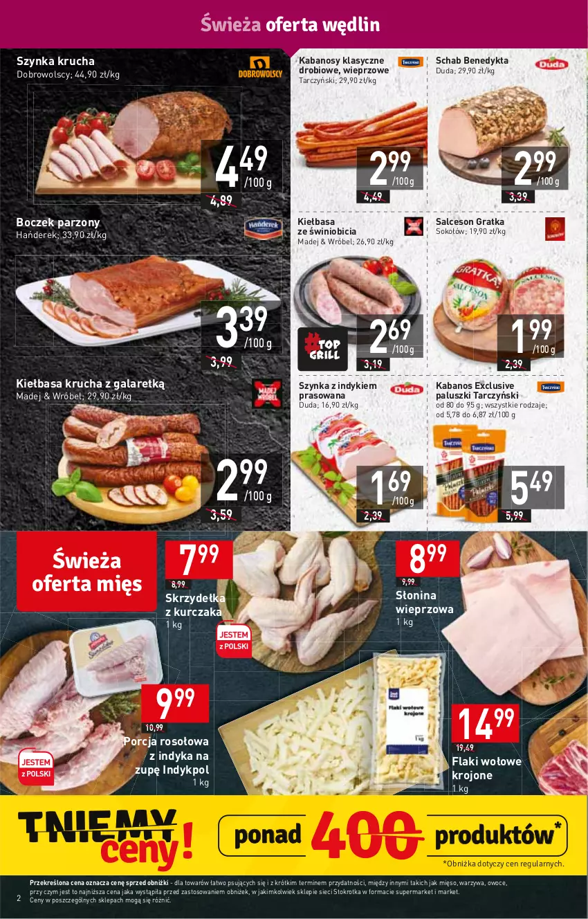 Gazetka promocyjna Stokrotka - Market - ważna 24.08 do 30.08.2023 - strona 2 - produkty: BIC, Boczek, Duda, Flaki, Flaki wołowe, Gala, Gra, HP, Kabanos, Kiełbasa, Kiełbasa krucha, Kurczak, Mięso, Owoce, Por, Salceson, Schab Benedykta, Skrzydełka z kurczaka, Sok, Sokołów, Szynka, Tarczyński, Warzywa