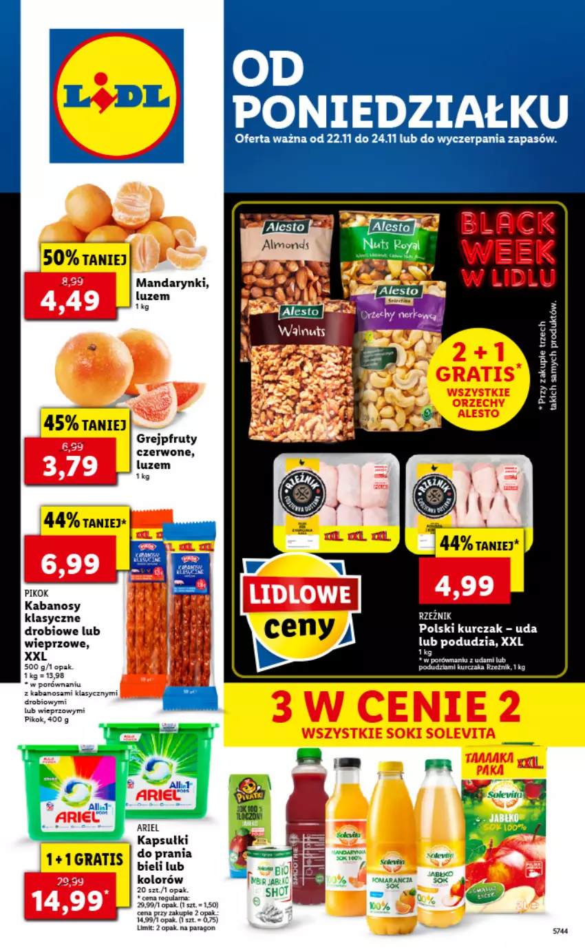 Gazetka promocyjna Lidl - GAZETKA - ważna 22.11 do 24.11.2021 - strona 1 - produkty: Ariel, Gra, Grejpfrut, Kabanos, Kapsułki do prania, Kurczak, Lack, Mandarynki, PIKOK, Por