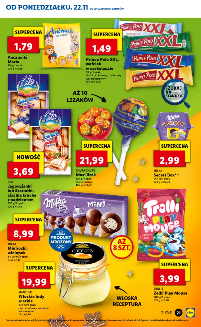 Gazetka promocyjna Lidl - GAZETKA - ważna 22.11 do 24.11.2021 - strona 21 - produkty: Ciastka, Czekolada, Kokos, Lody, Milka, Prince Polo, Wafelek