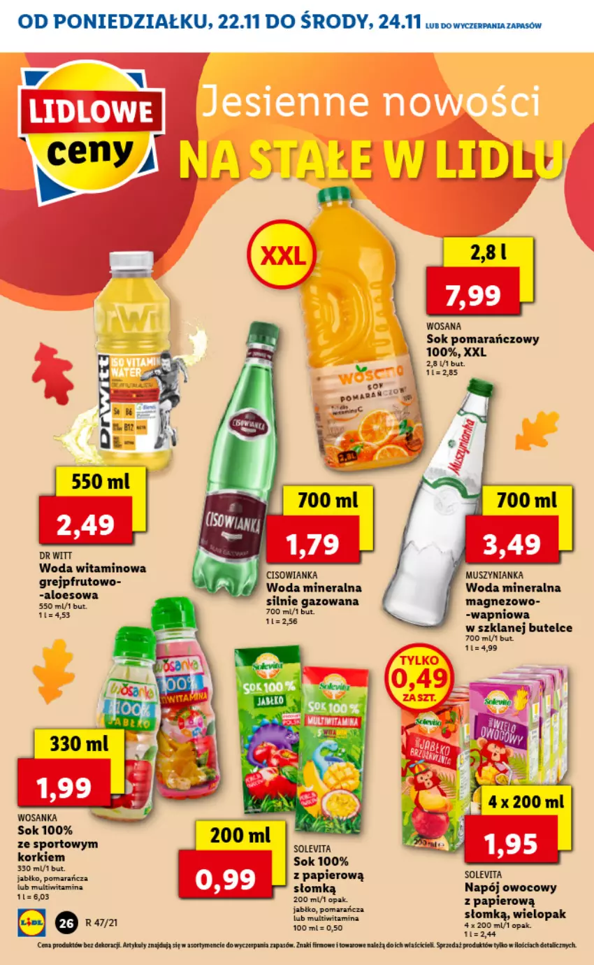 Gazetka promocyjna Lidl - GAZETKA - ważna 22.11 do 24.11.2021 - strona 26 - produkty: Cisowianka, Magnez, Mus, Muszynianka, Napój, Papier, Por, Sok, Sok pomarańczowy, Sport, Woda, Woda mineralna, Wosana