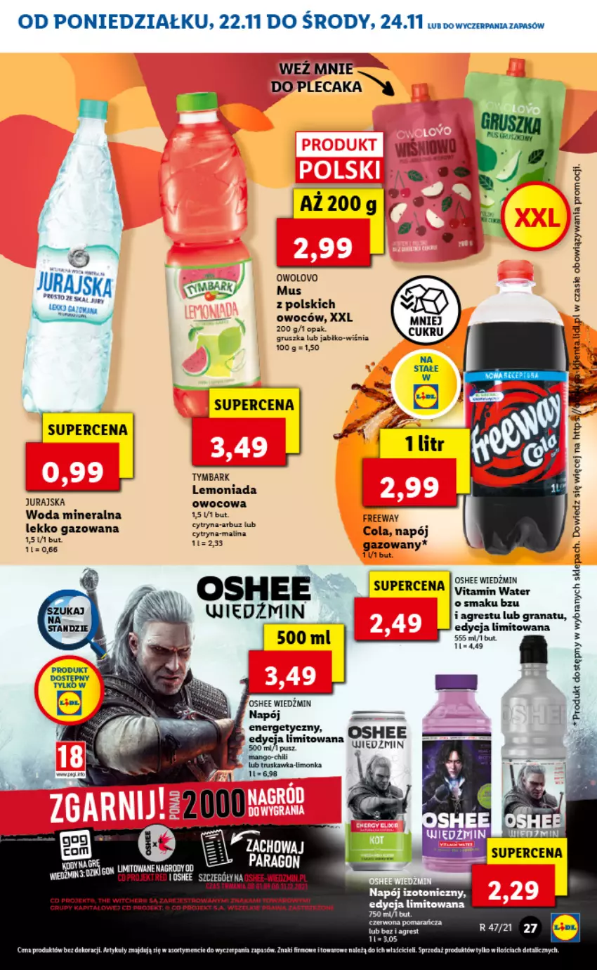 Gazetka promocyjna Lidl - GAZETKA - ważna 22.11 do 24.11.2021 - strona 27 - produkty: Fa, Lemoniada, Limonka, Mango, Napój, Oshee, Tymbark, Woda, Woda mineralna