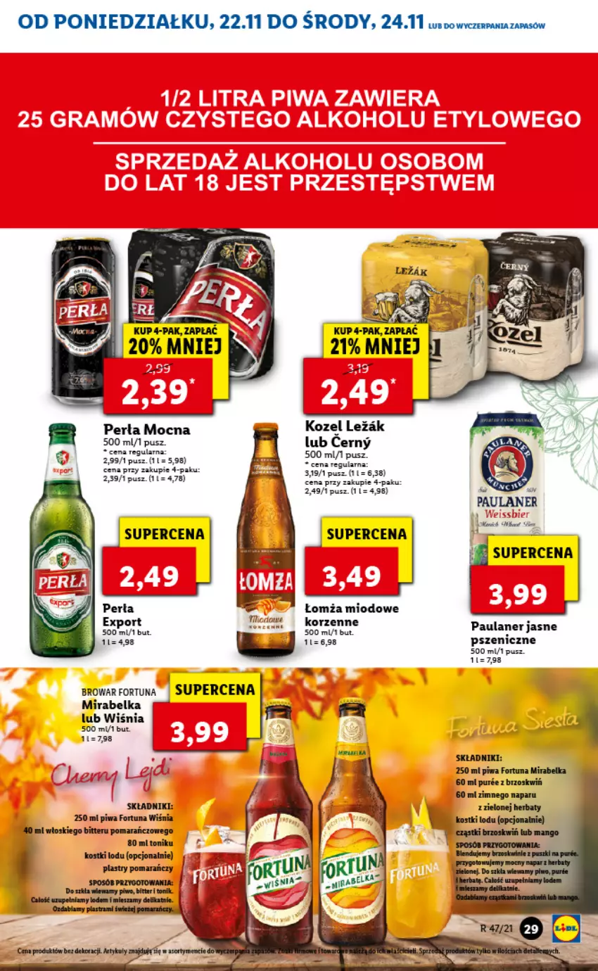 Gazetka promocyjna Lidl - GAZETKA - ważna 22.11 do 24.11.2021 - strona 29 - produkty: Fortuna, Kozel, Perła, Piwa, Piwo, Por, Pur, Tonik