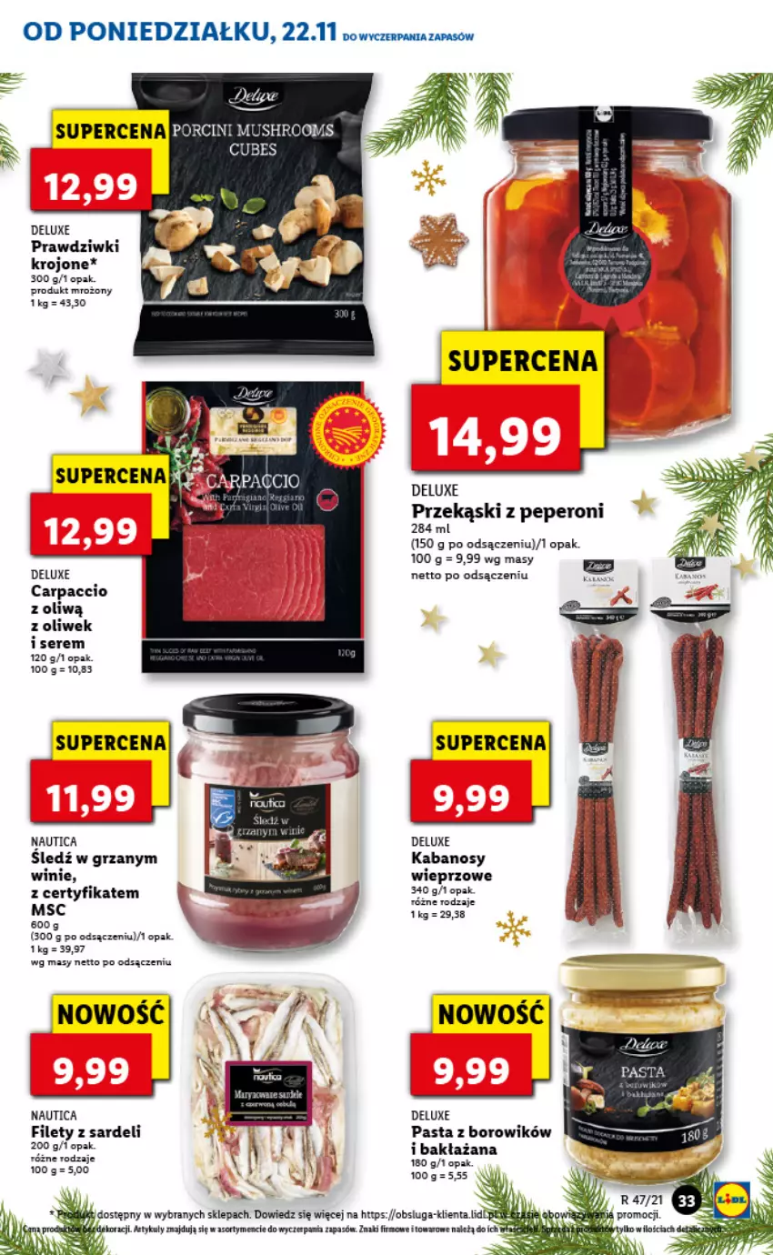 Gazetka promocyjna Lidl - GAZETKA - ważna 22.11 do 24.11.2021 - strona 33 - produkty: Carpaccio, Kabanos, Mus, Por, Ser, Sledź