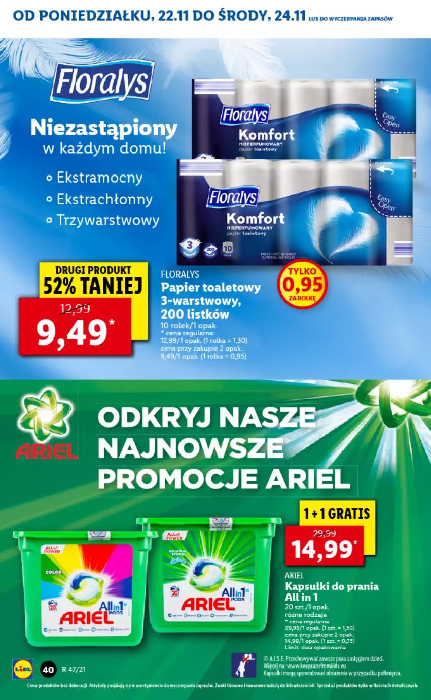 Gazetka promocyjna Lidl - GAZETKA - ważna 22.11 do 24.11.2021 - strona 40 - produkty: Ariel, Dzieci, Fa, Kapsułki do prania, Papier, Papier toaletowy