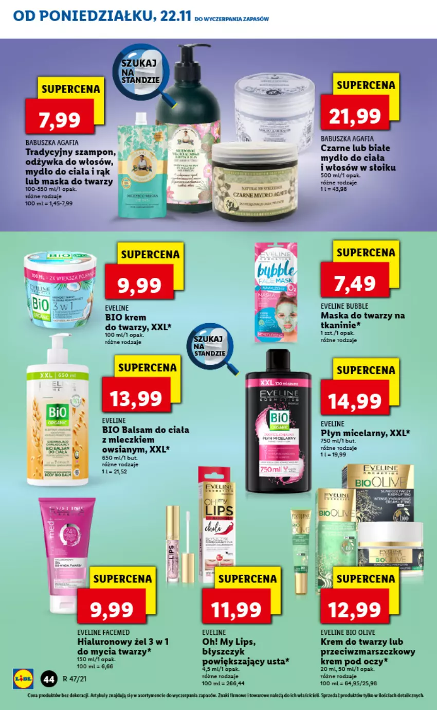 Gazetka promocyjna Lidl - GAZETKA - ważna 22.11 do 24.11.2021 - strona 44 - produkty: Balsam do ciała, Eveline, Fa, Krem do twarzy, Krem pod oczy, Mars, Maska, Maska do twarzy, Mydło, Odżywka, Płyn micelarny, Szampon