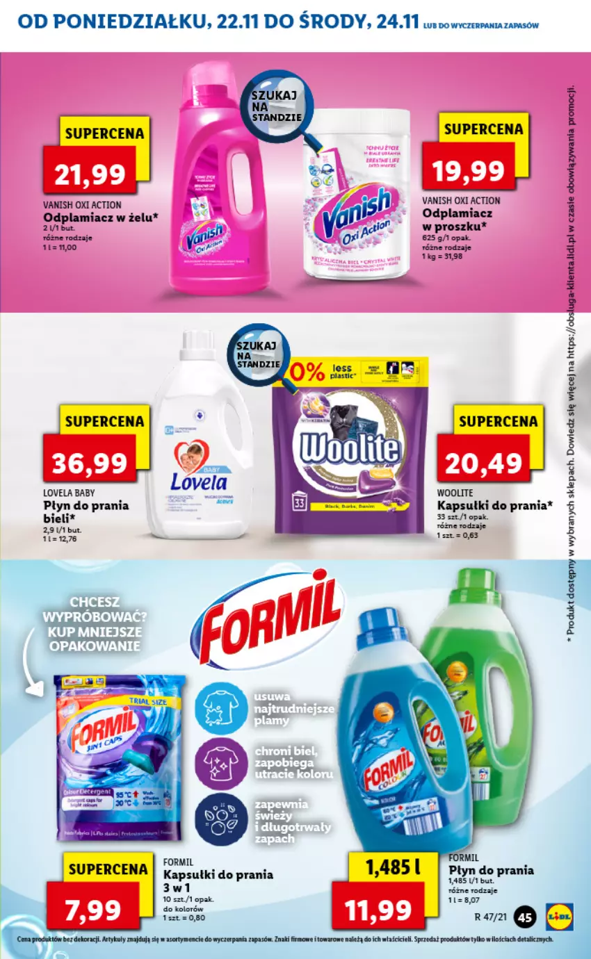 Gazetka promocyjna Lidl - GAZETKA - ważna 22.11 do 24.11.2021 - strona 45 - produkty: Kapsułki do prania, Odplamiacz, Płyn do prania, Vanish, Woolite