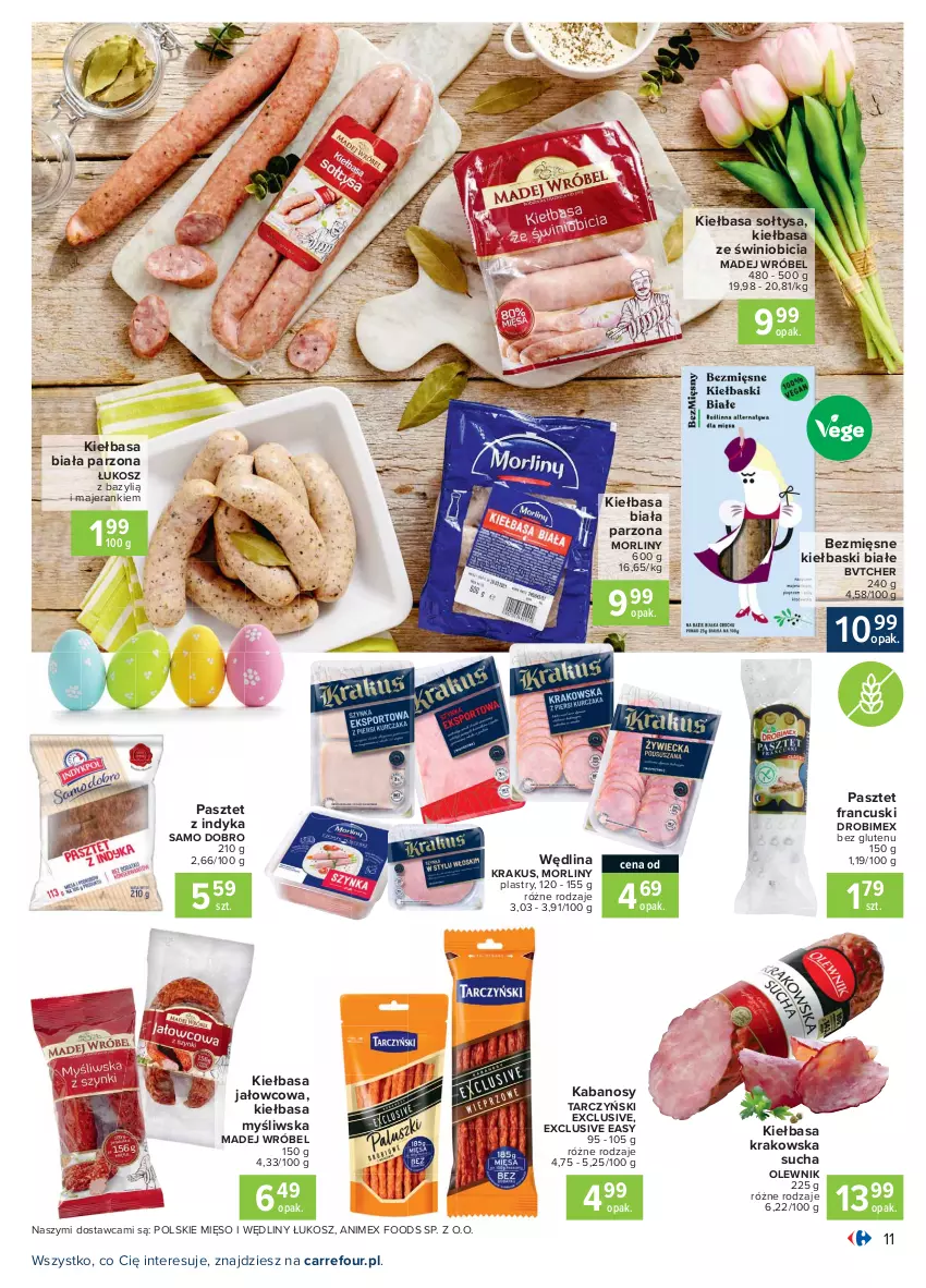 Gazetka promocyjna Carrefour - Gazetka Carrefour - ważna 28.03 do 03.04.2021 - strona 11 - produkty: Bazyl, BIC, Drobimex, Kabanos, Kiełbasa, Kiełbasa biała, Kiełbasa krakowska, Kiełbaski białe, Kosz, Krakus, Madej Wróbel, Mięso, Morliny, Olewnik, Pasztet, Pasztet z indyka, Tarczyński, Wędlina