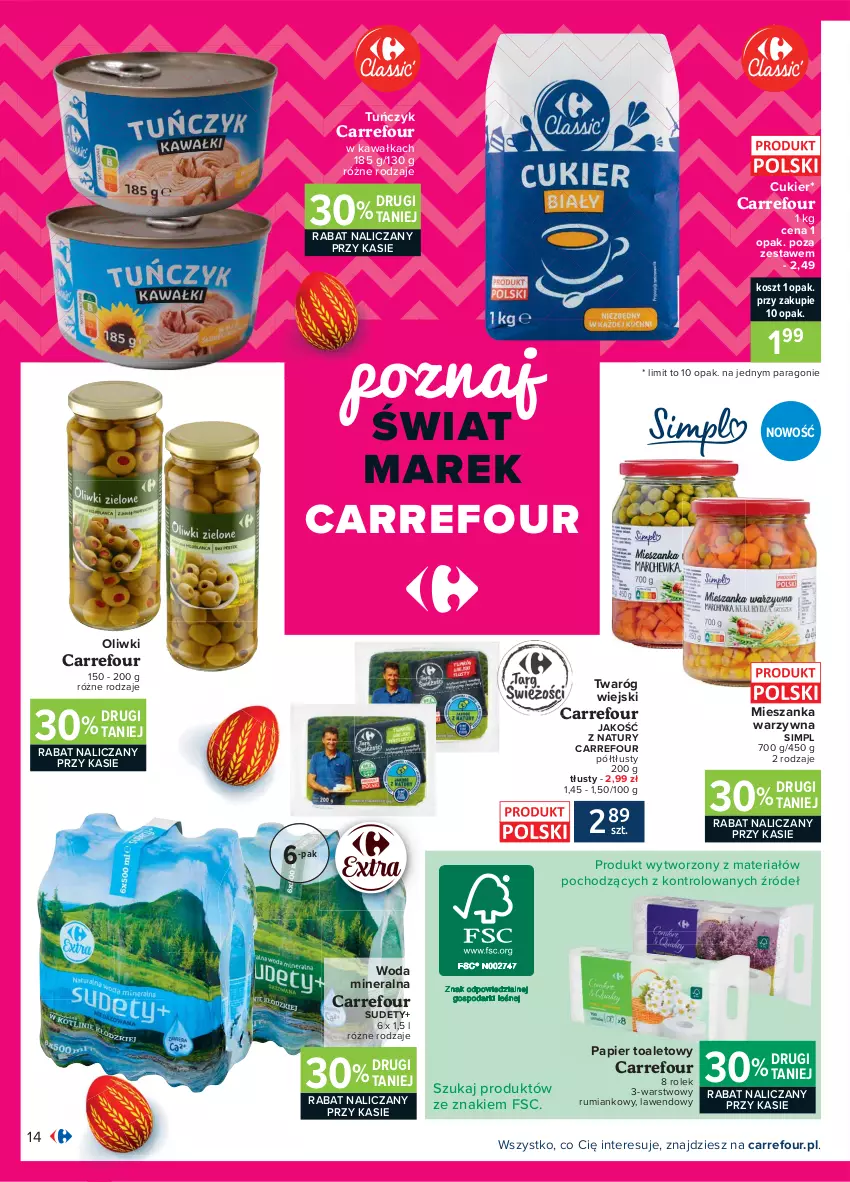 Gazetka promocyjna Carrefour - Gazetka Carrefour - ważna 28.03 do 03.04.2021 - strona 14 - produkty: Cukier, Kawa, Kosz, Mieszanka warzyw, Oliwki, Papier, Papier toaletowy, Rum, Tuńczyk, Twaróg, Woda, Woda mineralna