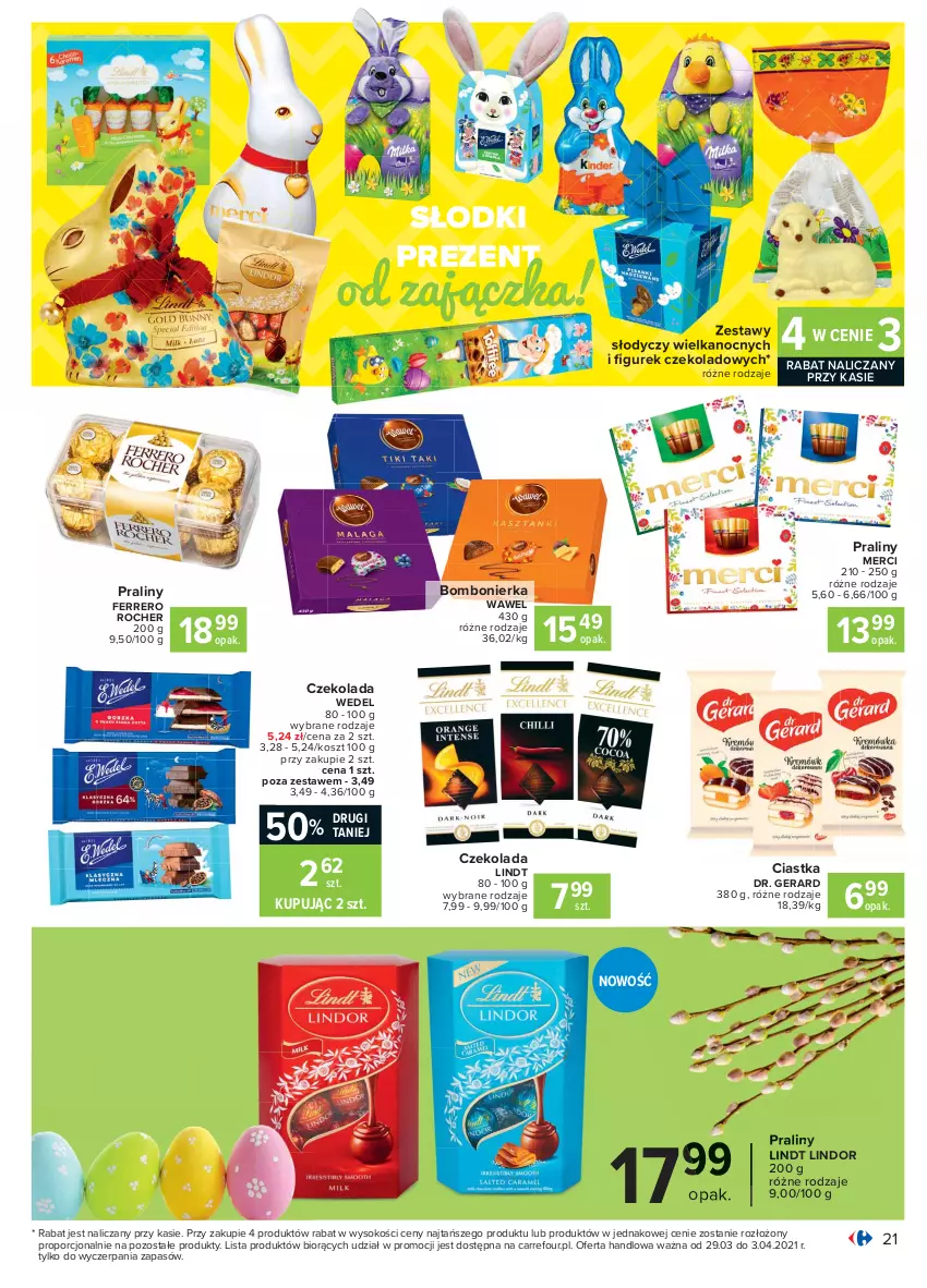 Gazetka promocyjna Carrefour - Gazetka Carrefour - ważna 28.03 do 03.04.2021 - strona 21 - produkty: Ciastka, Czekolada, Ferrero, Ferrero Rocher, Kosz, Lindor, Lindt, Merci, Por, Praliny, Sok, Wawel