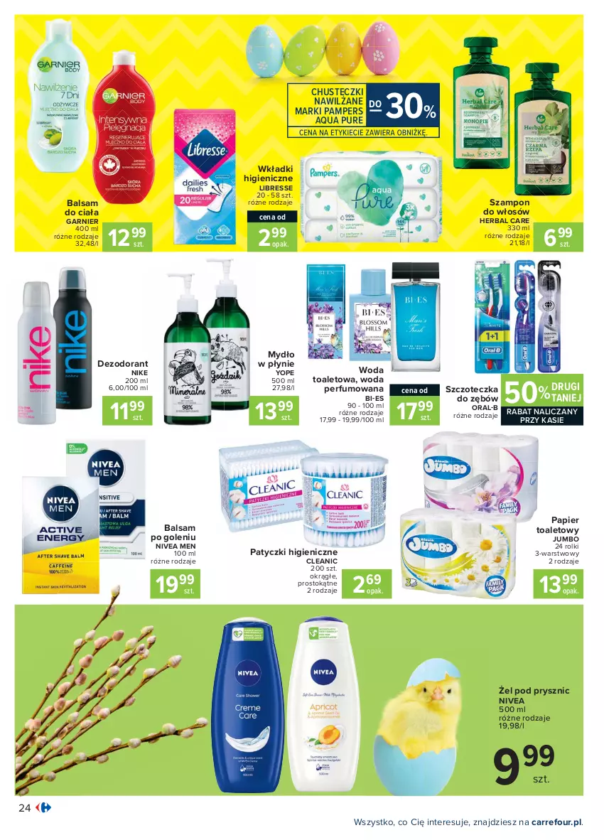 Gazetka promocyjna Carrefour - Gazetka Carrefour - ważna 28.03 do 03.04.2021 - strona 24 - produkty: Balsam do ciała, Balsam po goleniu, Chusteczki, Cleanic, Dezodorant, Garnier, Mydło, Mydło w płynie, Nike, Nivea, Nivea Men, Pampers, Papier, Papier toaletowy, Perfum, Pur, Rolki, Szampon, Szczoteczka, Szczoteczka do zębów, Wkładki, Woda, Woda perfumowana, Woda toaletowa, Yope