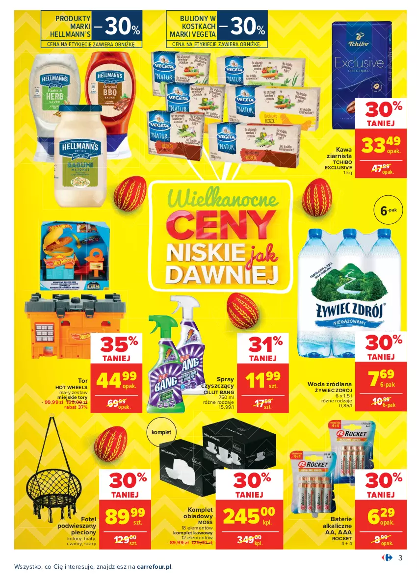 Gazetka promocyjna Carrefour - Gazetka Carrefour - ważna 28.03 do 03.04.2021 - strona 3 - produkty: Baterie alkaliczne, Bulion, Cillit Bang, Fotel, Hellmann’s, Hot Wheels, Kawa, Kawa ziarnista, Komplet obiadowy, LANA, Lion, Tchibo, Vegeta, Woda