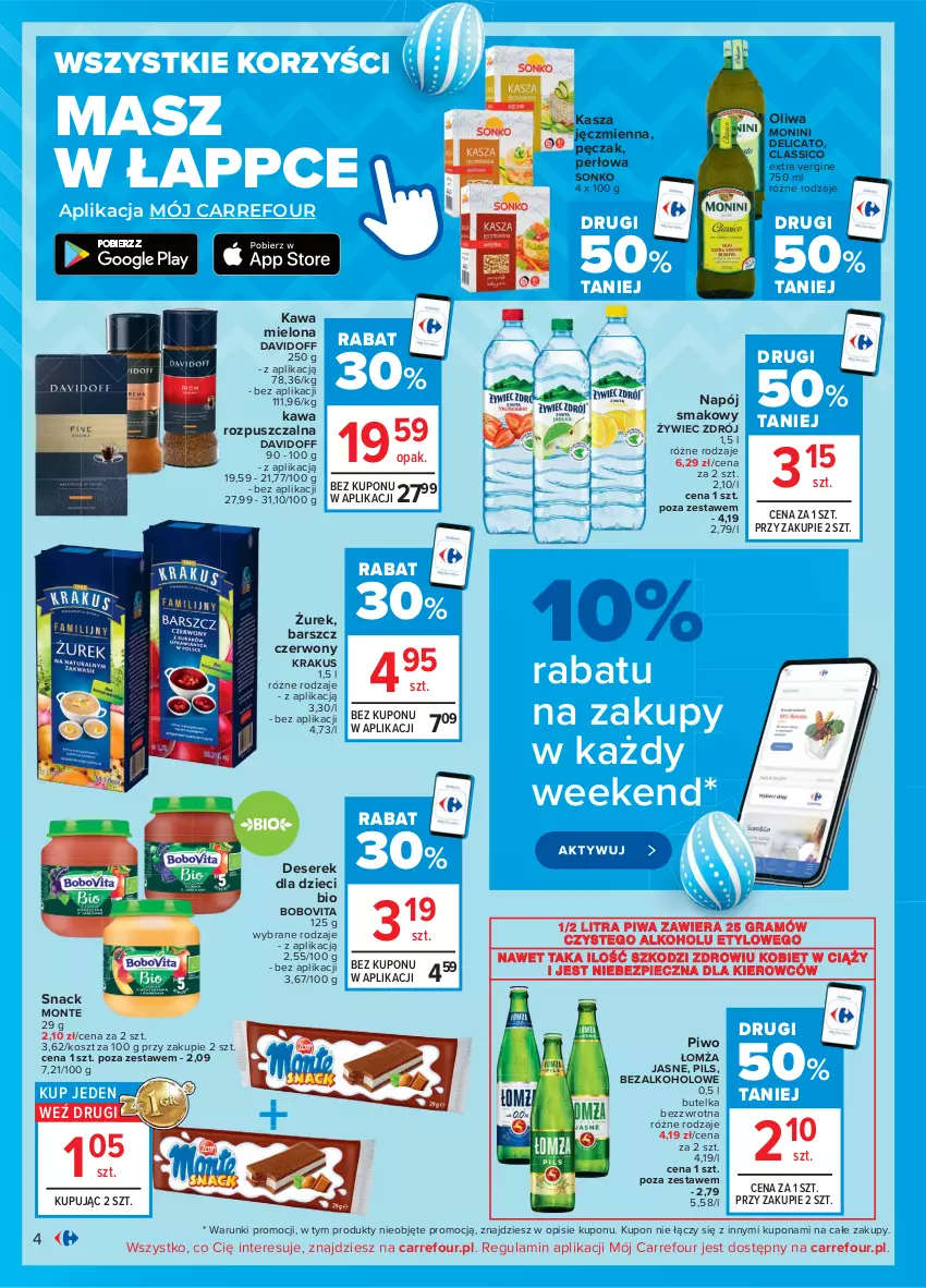 Gazetka promocyjna Carrefour - Gazetka Carrefour - ważna 28.03 do 03.04.2021 - strona 4 - produkty: BoboVita, Davidoff, Deser, Dzieci, Gin, Gra, Kasza, Kasza jęczmienna, Kawa, Kawa mielona, Kawa rozpuszczalna, Kosz, Krakus, Monini, Monte, Napój, Piec, Piwa, Piwo, Ser, Serek, Sonko