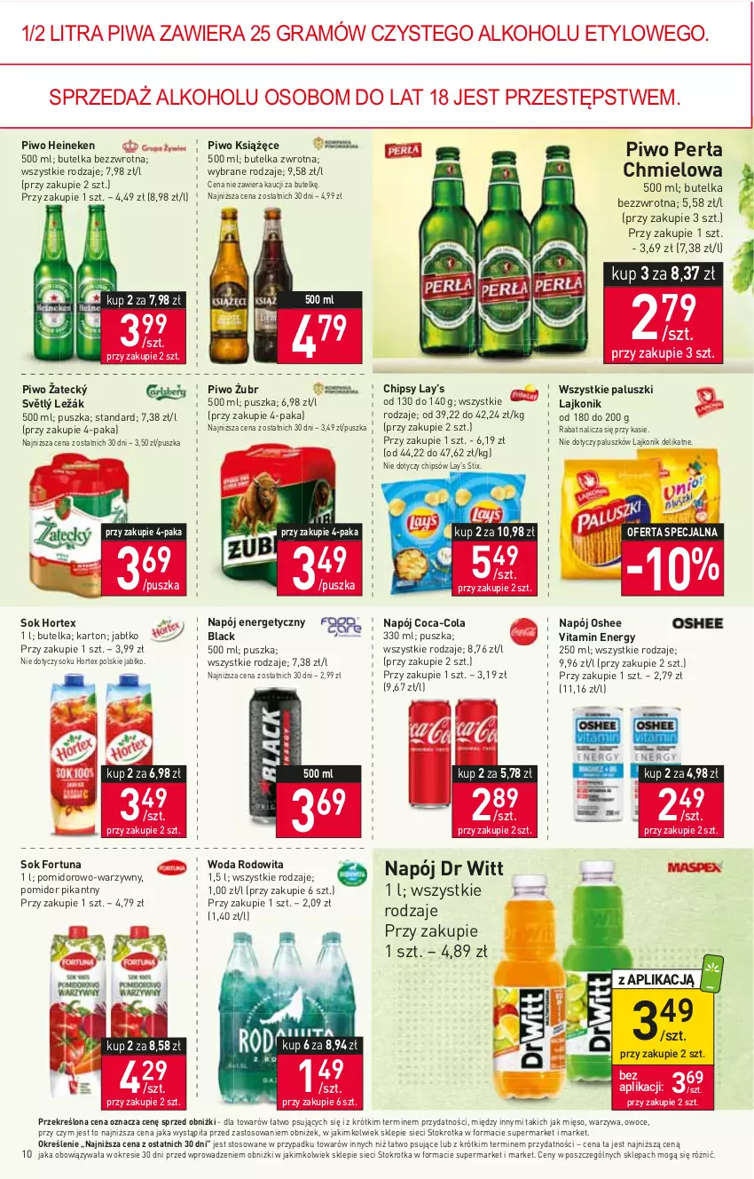 Gazetka promocyjna Stokrotka - Market - ważna 20.04 do 26.04.2023 - strona 10 - produkty: Chipsy, Coca-Cola, Fortuna, Gra, Heineken, Hortex, Książęce, Lack, Lajkonik, Lay’s, Mięso, Napój, Napój energetyczny, Oshee, Owoce, Perła, Piwa, Piwo, Sok, Warzywa, Woda