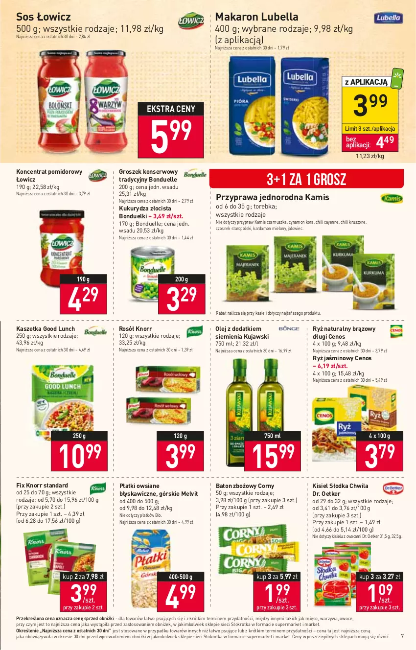 Gazetka promocyjna Stokrotka - Market - ważna 20.04 do 26.04.2023 - strona 7 - produkty: Baton, Bell, Bella, Bonduelle, Cenos, Czosnek, Dr. Oetker, Groszek, Kamis, Kaszetka, Kisiel, Knorr, Koncentrat pomidorowy, Kujawski, Kukurydza, Lubella, Makaron, Melvit, Mięso, Olej, Owoce, Płatki owsiane, Rosół, Ryż, Ryż naturalny, Ser, Słodka Chwila, Sos, Torebka, Warzywa