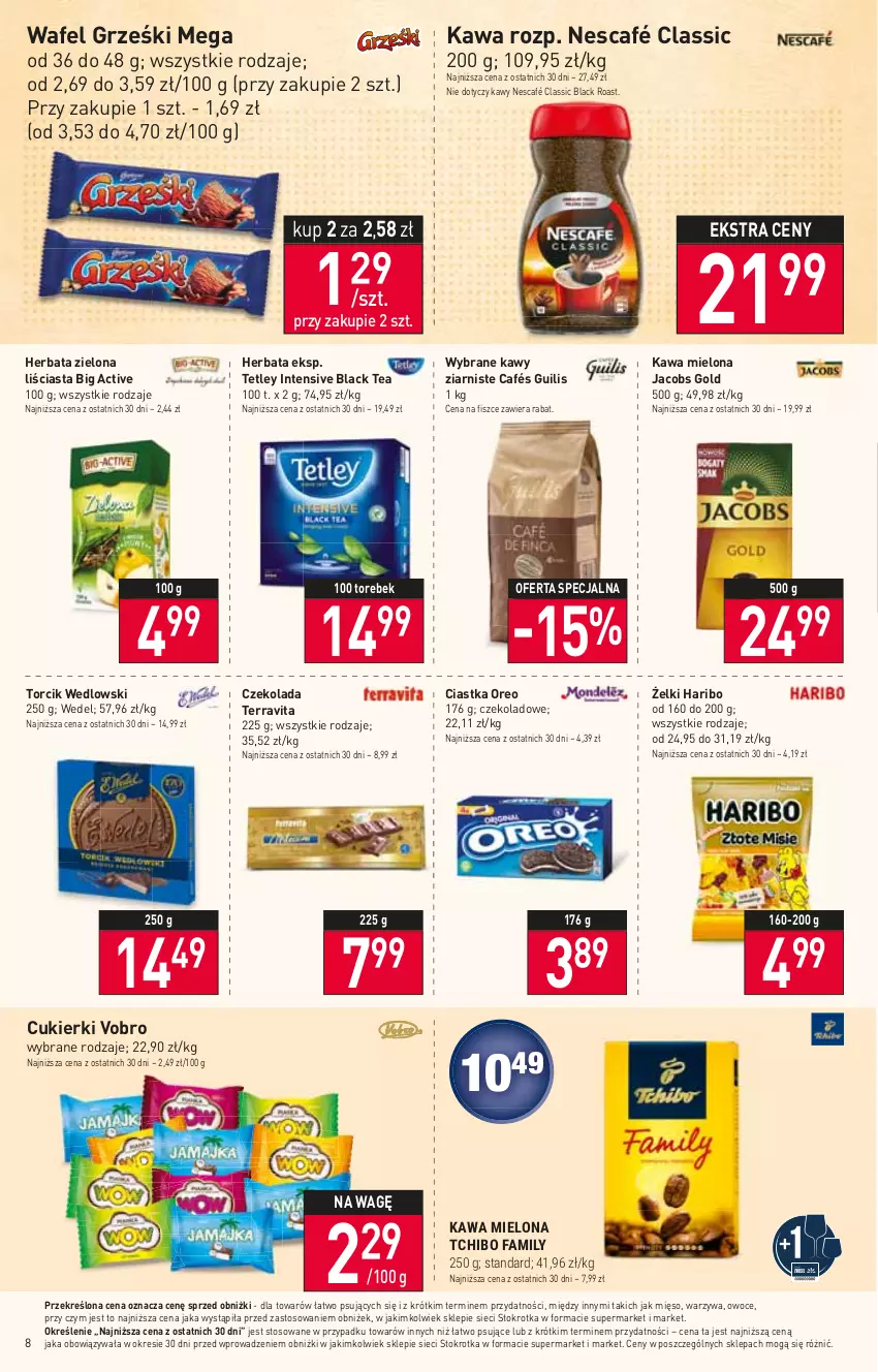 Gazetka promocyjna Stokrotka - Market - ważna 20.04 do 26.04.2023 - strona 8 - produkty: Ciastka, Cukier, Cukierki, Czekolada, Fa, Grześki, Haribo, Herbata, Jacobs, Kawa, Kawa mielona, Lack, Mięso, Nescafé, Oreo, Owoce, Tchibo, Tchibo Family, Tetley, Warzywa