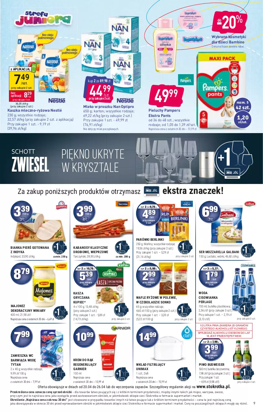 Gazetka promocyjna Stokrotka - Market - ważna 20.04 do 26.04.2023 - strona 9 - produkty: Berlinki, Cisowianka, Dzieci, Gra, Kabanos, Kasza, Kosmetyki dla dzieci, Kupiec, Majonez, Mięso, Mleko, Mleko w proszku, NAN Optipro, Nestlé, Owoce, Pampers, Parówki, Piec, Pieluchy, Piwa, Piwo, Ryż, Ser, Sonko, Tytan, Warzywa, Winiary, Woda