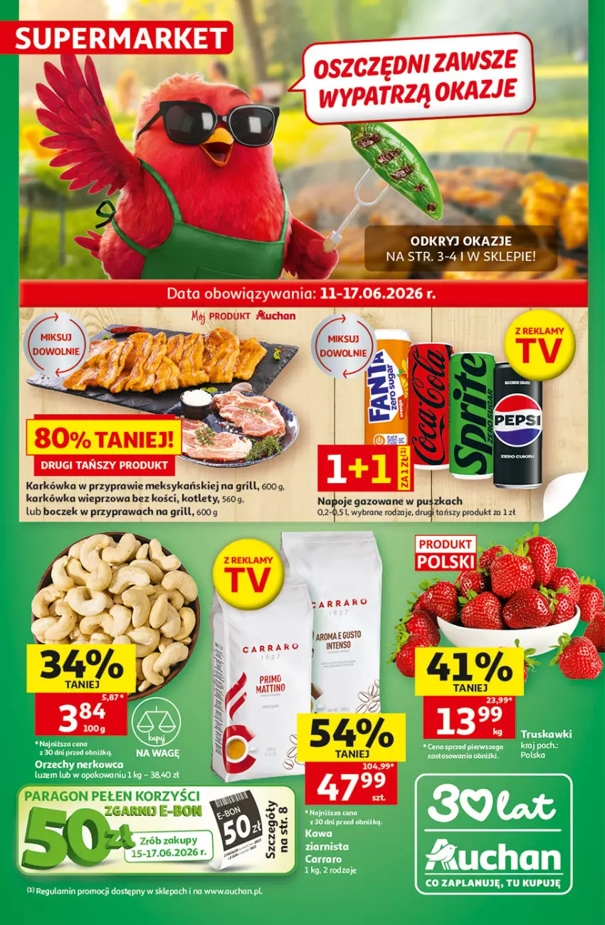 Gazetka promocyjna Auchan - Gazetka 30 Lat Supermarket Auchan - ważna 11.06 do 17.06.2026 - strona 1 - produkty: Boczek, Grill, Karkówka wieprzowa, Kotlet
