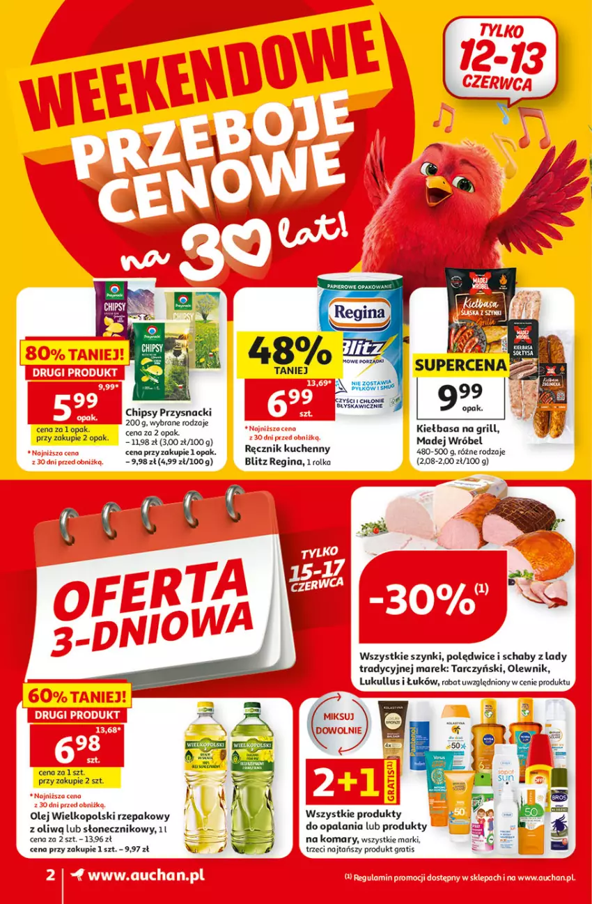 Gazetka promocyjna Auchan - Gazetka 30 Lat Supermarket Auchan - ważna 11.06 do 17.06.2026 - strona 2 - produkty: Chipsy, Gin, Gra, Grill, Kiełbasa, Madej Wróbel, Olej, Olewnik, Przysnacki, Ręcznik, Ręcznik kuchenny, Tarczyński