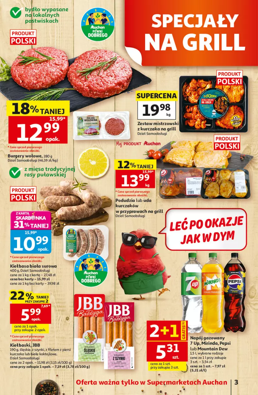 Gazetka promocyjna Auchan - Gazetka 30 Lat Supermarket Auchan - ważna 11.06 do 17.06.2026 - strona 3 - produkty: Burger, Grill, Kiełbasa, Kiełbasa biała, Kurczak, Mirinda, Napój, Napój gazowany, Pepsi