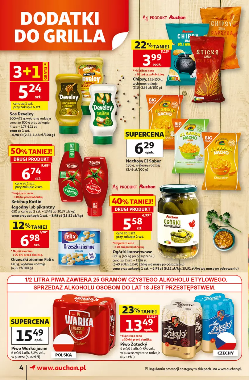 Gazetka promocyjna Auchan - Gazetka 30 Lat Supermarket Auchan - ważna 11.06 do 17.06.2026 - strona 4 - produkty: Chipsy, Felix, Ketchup, Kosz, Kotlin, Ogórki konserwowe, Orzeszki, Orzeszki ziemne, Piwo, Ser, Sos, Warka