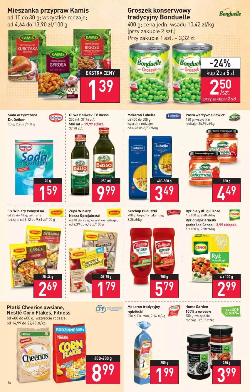 Gazetka promocyjna Stokrotka - Supermarket - ważna 17.02 do 23.02.2022 - strona 14 - produkty: Bell, Bella, Bonduelle, Cenos, Cheerios, Corn flakes, Dr. Oetker, Groszek, Kamis, Ketchup, Lubella, Makaron, Nestlé, Oliwa z oliwek, Pasta warzywna, Pudliszki, Ryż, Ryż biały, Ser, Soda oczyszczona, Winiary, Zupa