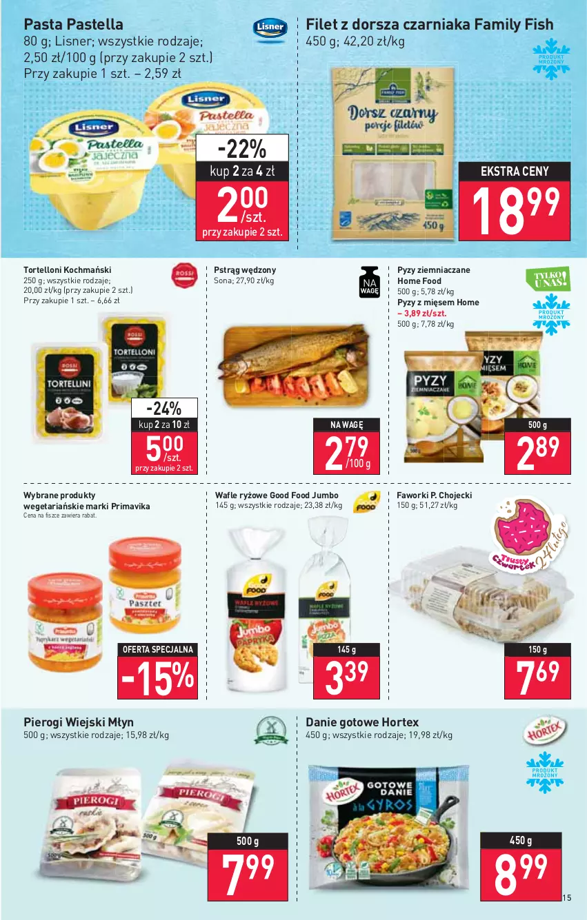 Gazetka promocyjna Stokrotka - Supermarket - ważna 17.02 do 23.02.2022 - strona 15 - produkty: Danie gotowe, Dorsz, Fa, Faworki, Hortex, Koc, Lisner, Pastella, Pierogi, Prima, Primavika, Pstrąg, Pstrąg wędzony, Ryż, Tortelloni, Wafle