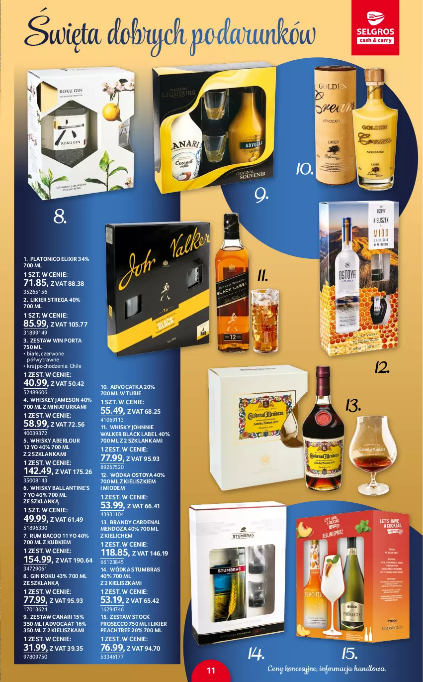 Gazetka promocyjna Selgros - Katalog Prezenty - ważna 17.11 do 30.11.2022 - strona 11 - produkty: Advocaat, Brandy, Gin, Jameson, Johnnie Walker, Lack, Likier, Por, Prosecco, Rum, Stock, Szklanka, Whiskey, Whisky, Wódka