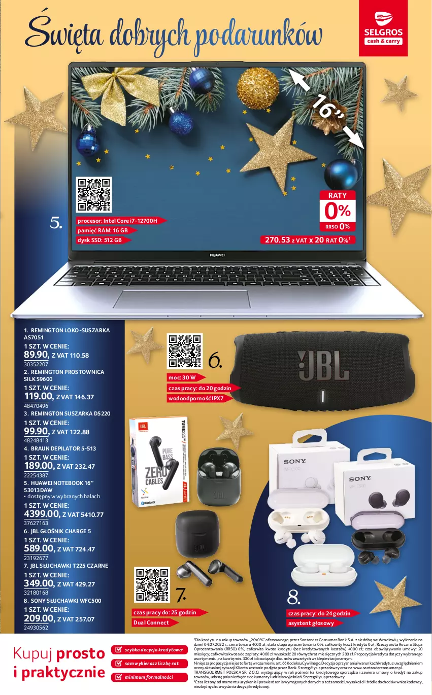 Gazetka promocyjna Selgros - Katalog Prezenty - ważna 17.11 do 30.11.2022 - strona 19 - produkty: Braun, Depilator, Głośnik, Huawei, Intel, JBL, Kosz, Notebook, Por, Procesor, Remington, Słuchawki, Sok, Sony, Sprzedawcy, Suszarka, Top, Tran