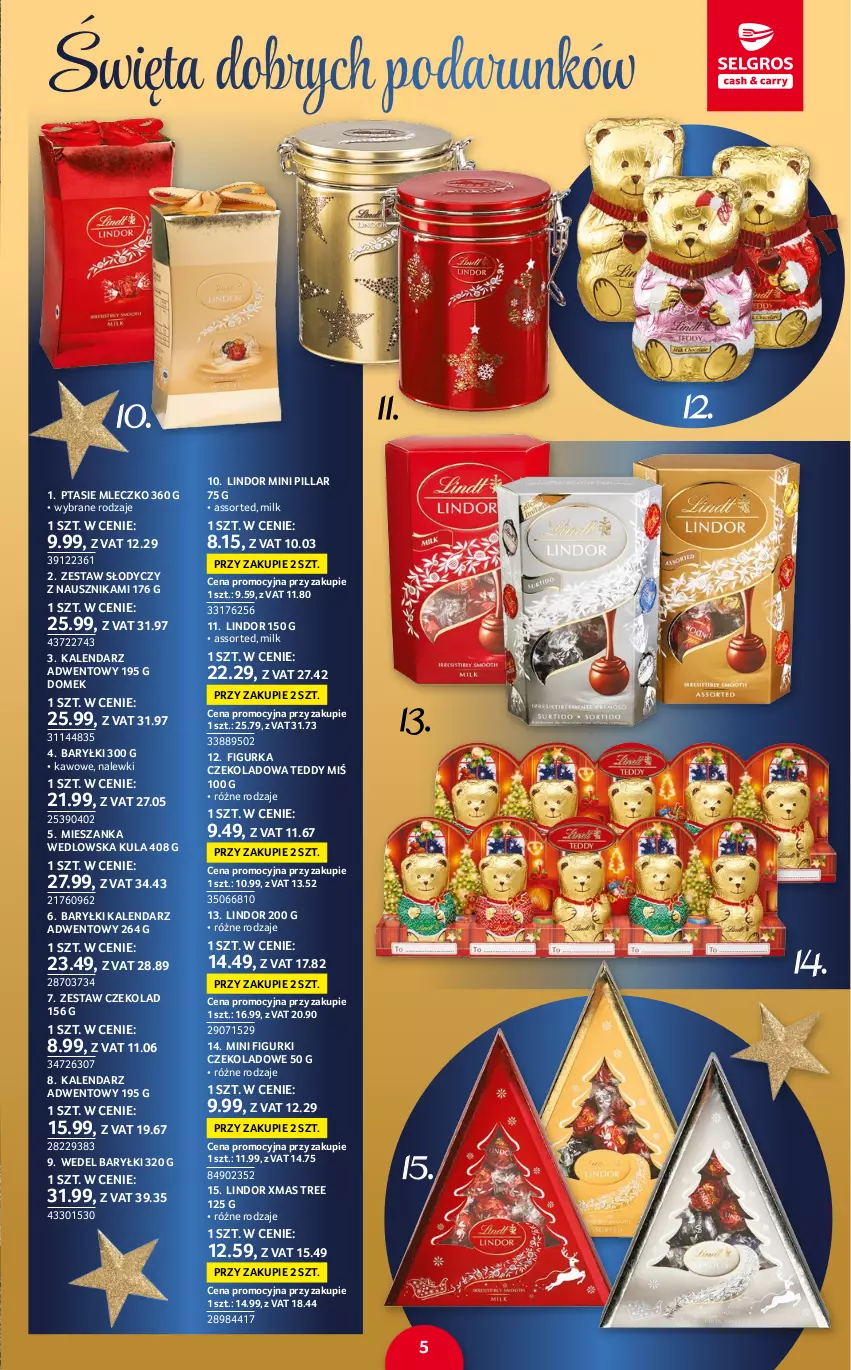 Gazetka promocyjna Selgros - Katalog Prezenty - ważna 17.11 do 30.11.2022 - strona 5 - produkty: Baryłki, Kalendarz, Kalendarz adwentowy, Lindor, Mieszanka wedlowska, Mleczko, Ptasie mleczko