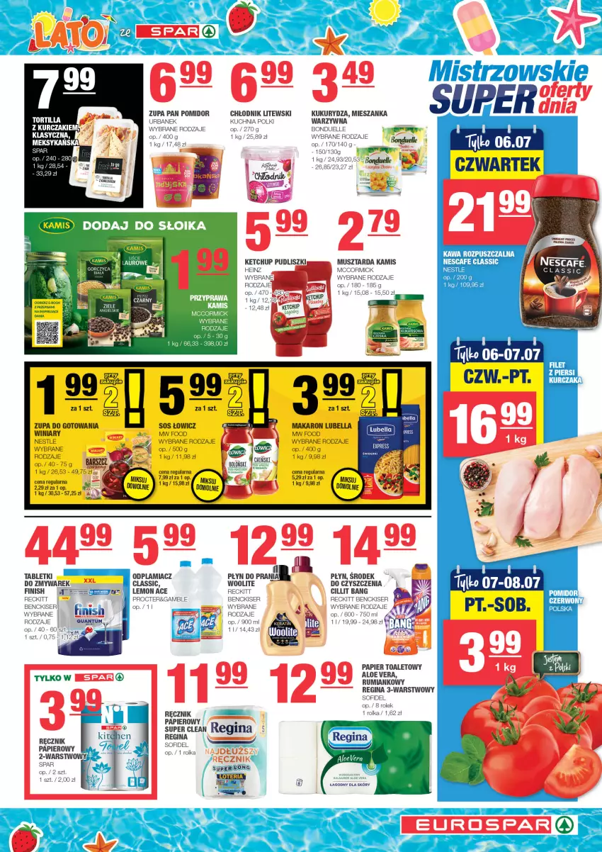 Gazetka promocyjna Spar - EuroSpar - ważna 02.07 do 12.07.2023 - strona 5 - produkty: Aloe vera, Bell, Bella, Bonduelle, Cillit Bang, Finish, Gin, Kamis, Kuchnia, Kukurydza, Lubella, Makaron, Mus, Musztarda, Odplamiacz, Papier, Papier toaletowy, Ręcznik, Rum, Ser, Sos, Tablet, Winiary, Woolite, Zupa