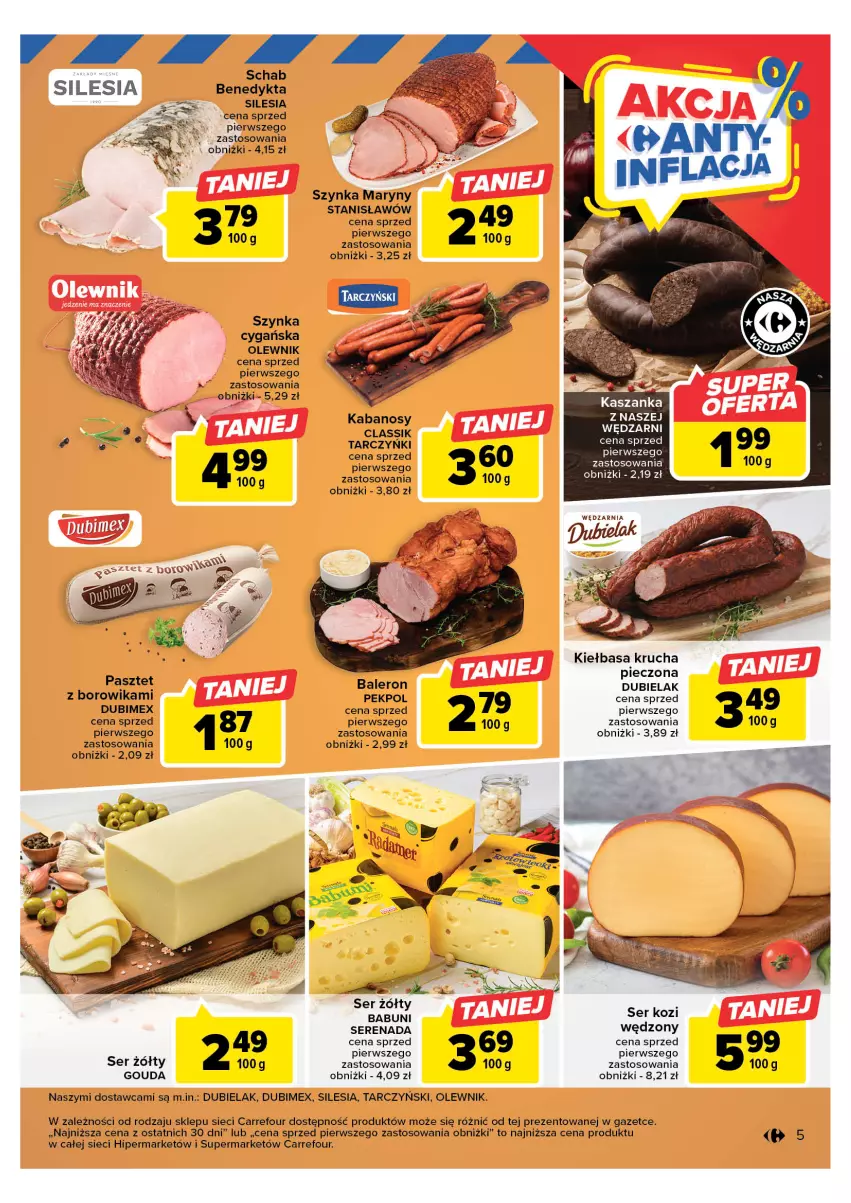 Gazetka promocyjna Carrefour - Gazetka Targ świeżości - ważna 15.05 do 20.05.2023 - strona 5 - produkty: Babuni, Gouda, Kabanos, Kasza, Kaszanka, Kiełbasa, Kiełbasa krucha, Olewnik, Pasztet, Pekpol, Piec, Ser, Ser kozi, Szynka, Szynka cygańska, Tarczyński