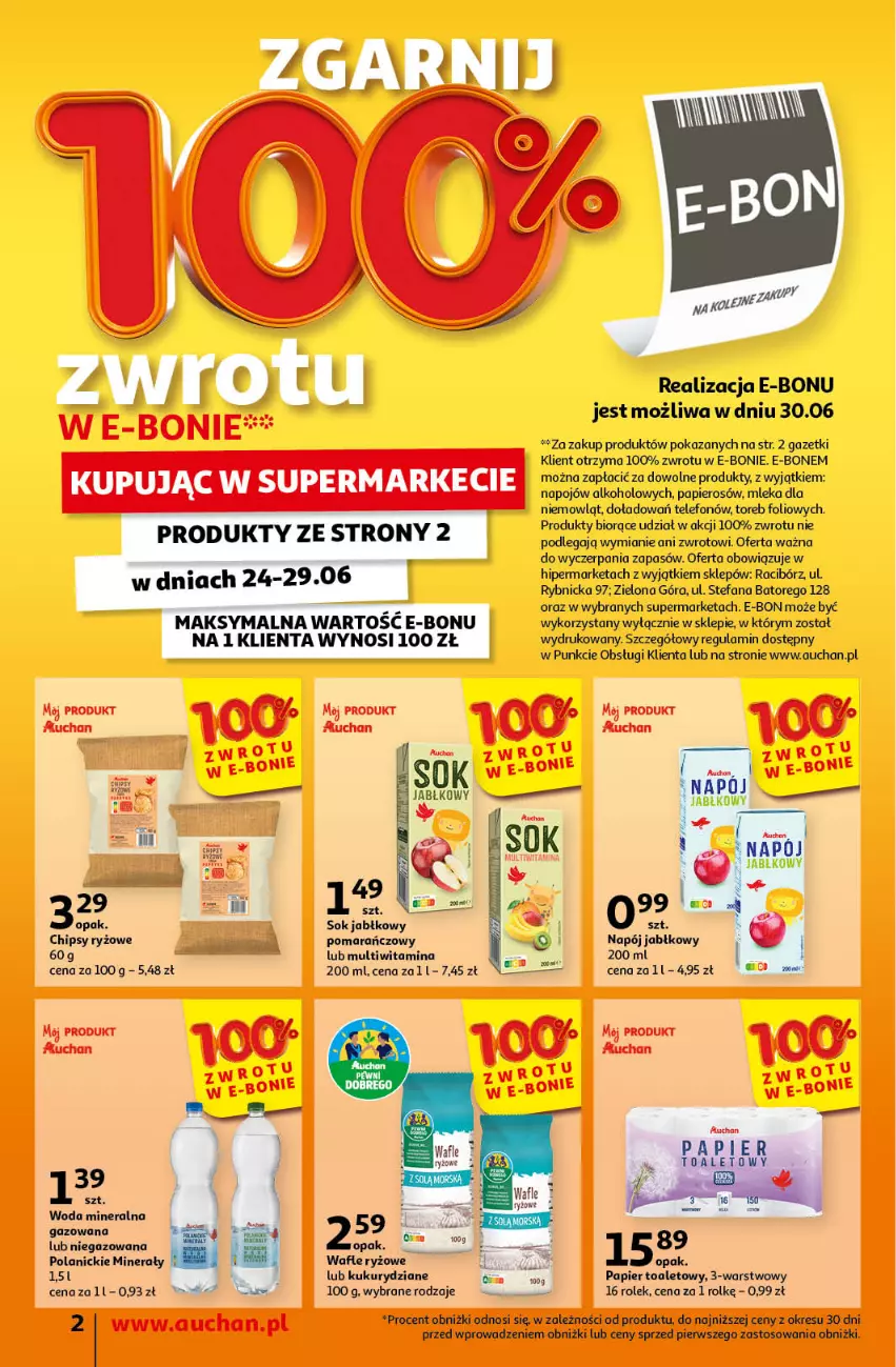 Gazetka promocyjna Auchan - Gazetka CENY W DÓŁ Moje Auchan - ważna 20.06 do 26.06.2024 - strona 2 - produkty: Chipsy, Fa, Napój, Papier, Papier toaletowy, Ryż, Sok, Sok jabłkowy, Telefon, Wafle, Woda, Woda mineralna