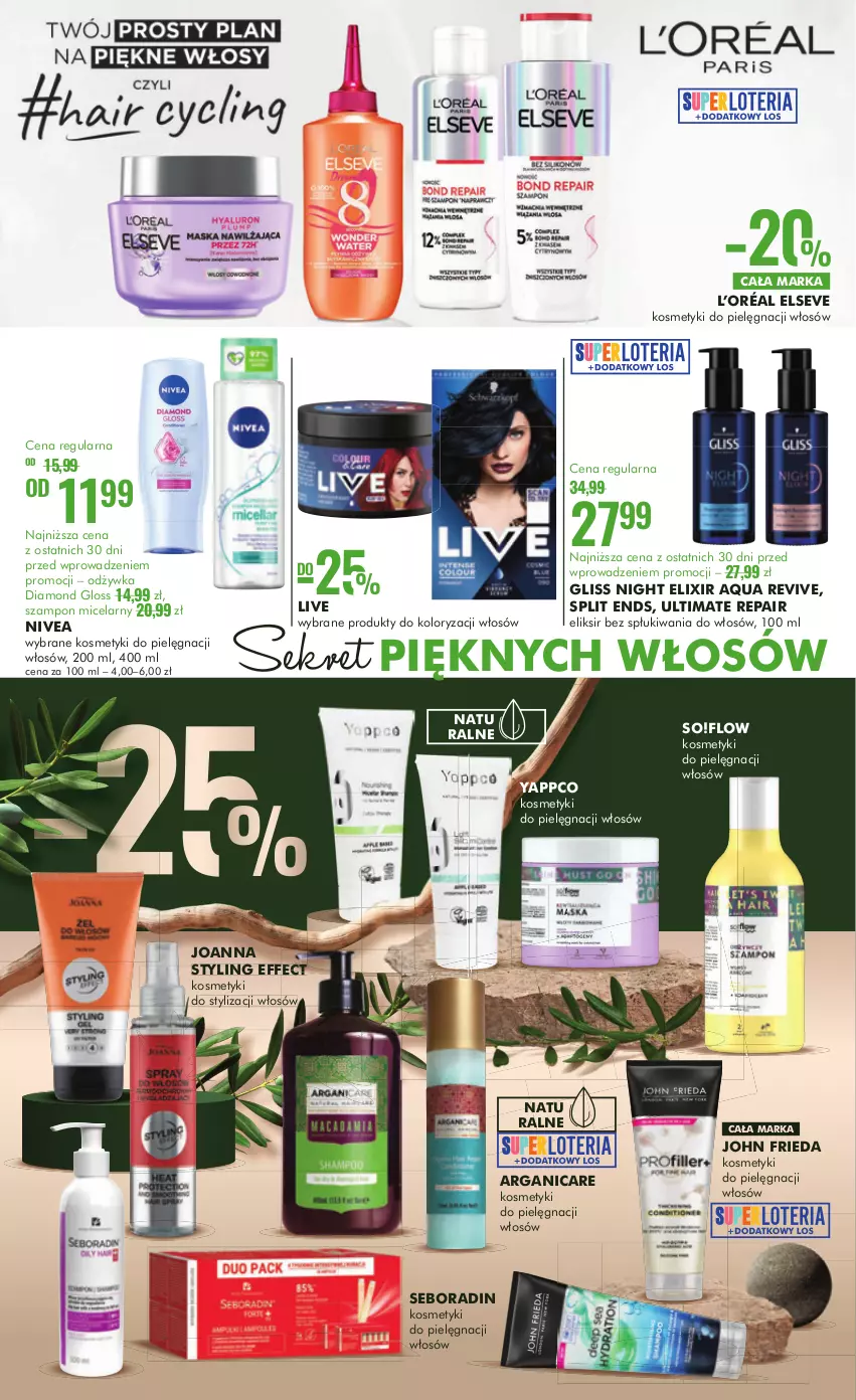 Gazetka promocyjna Super Pharm - Gazetka - ważna 28.09 do 11.10.2023 - strona 12 - produkty: Arganicare, Elseve, Joanna, Joanna styling, John frieda, Kosmetyki do pielęgnacji, Kret, L’Oréal, Nivea, Odżywka, Seboradin, Szampon