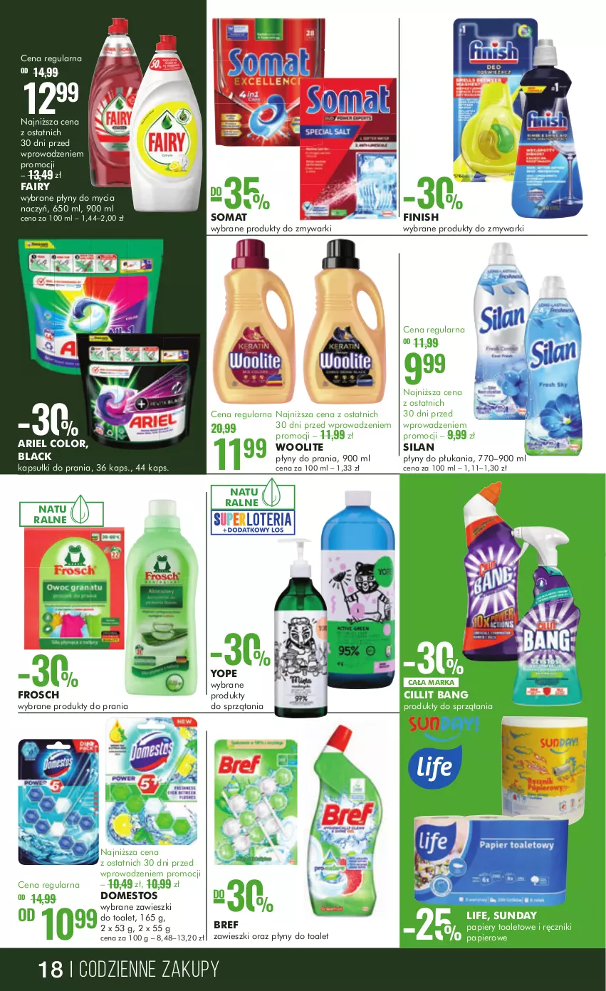 Gazetka promocyjna Super Pharm - Gazetka - ważna 28.09 do 11.10.2023 - strona 18 - produkty: Ariel, Bref, Cillit Bang, Do mycia naczyń, Domestos, Fa, Fairy, Finish, Frosch, Kapsułki do prania, Lack, Papier, Ręcznik, Ręczniki papierowe, Silan, Somat, Woolite, Yope, Zawieszki, Zmywarki