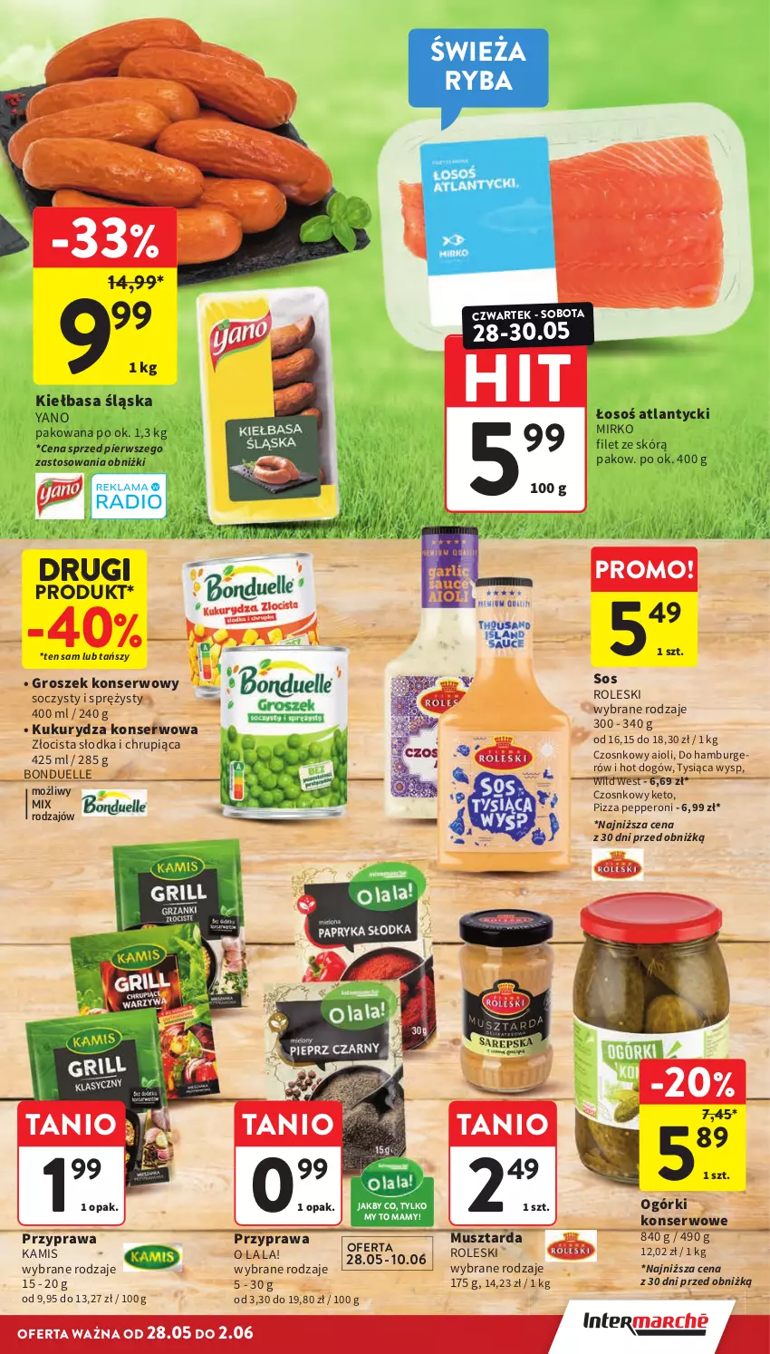 Gazetka promocyjna Intermarche - Gazetka Intermarche - ważna 28.05 do 02.06.2026 - strona 13 - produkty: Bonduelle, Burger, Groszek, Hamburger, Hot dog, Kamis, Kiełbasa, Kiełbasa śląska, Kukurydza, Kukurydza konserwowa, Mus, Musztarda, Ogórki konserwowe, Pizza, Ryba, Ser, Sos