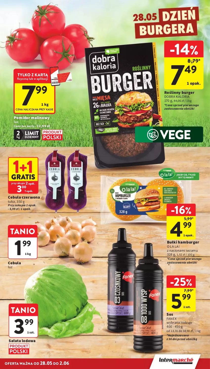 Gazetka promocyjna Intermarche - Gazetka Intermarche - ważna 28.05 do 02.06.2026 - strona 15 - produkty: Burger, Cebula, Cebula czerwona, Fa, Gra, Hamburger, Pomidor malinowy, Roślinny burger, Sałat, Sałata lodowa, Sezam, Sos