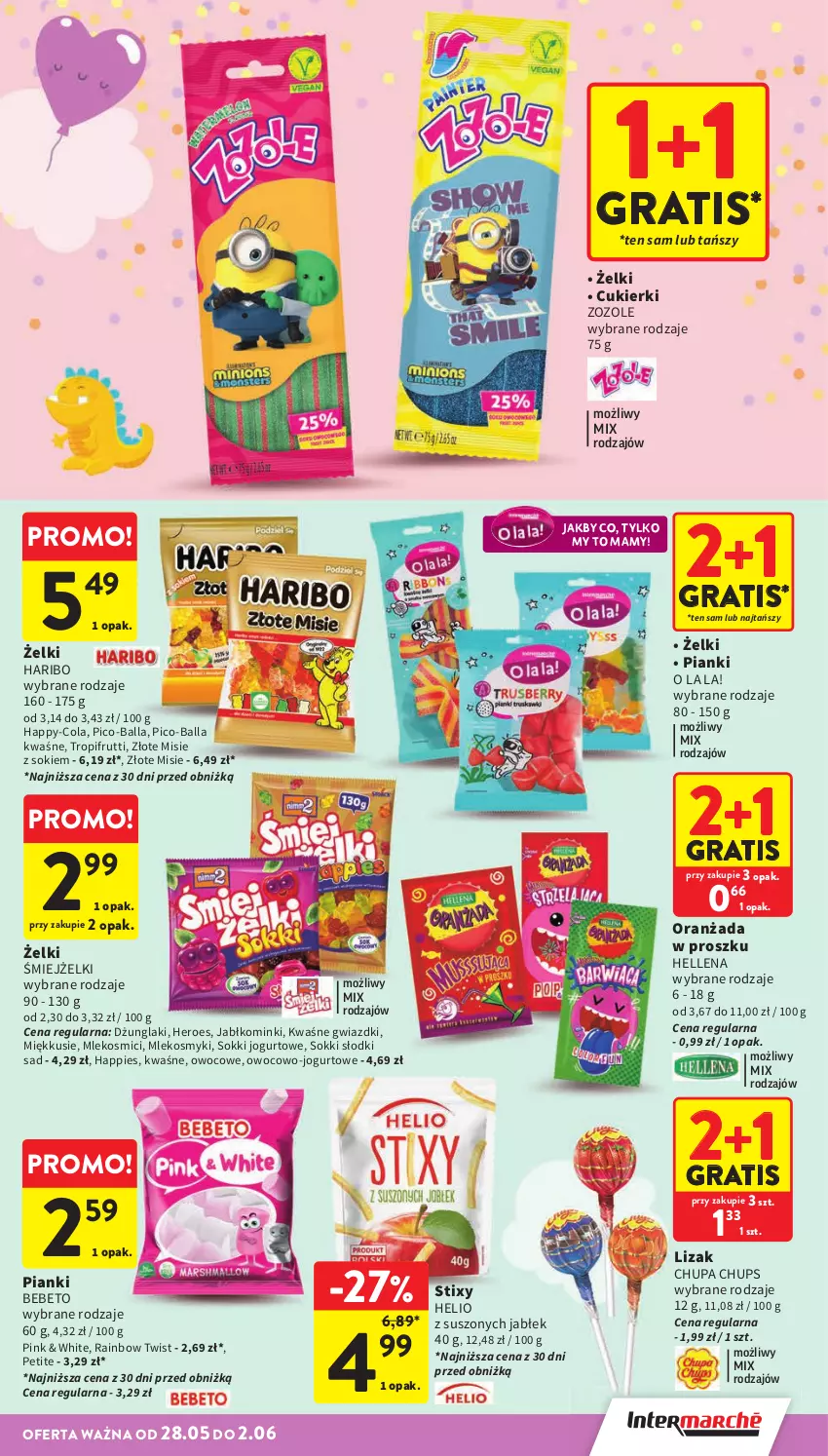Gazetka promocyjna Intermarche - Gazetka Intermarche - ważna 28.05 do 02.06.2026 - strona 3 - produkty: Chupa Chups, Cukier, Cukierki, Gra, Haribo, Helio, Hellena, Jogurt, Mleko, Oranżada, Pico-Balla, Sok